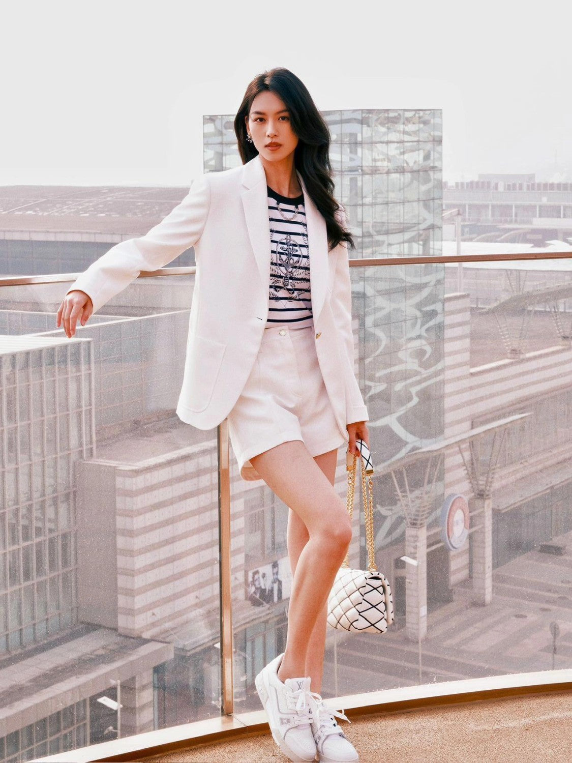 Women's Spring and Autumn Boat Anchor Button Long Sleeve Single Breasted Fitted White Loose Blazer Jacket Ngvp #8837