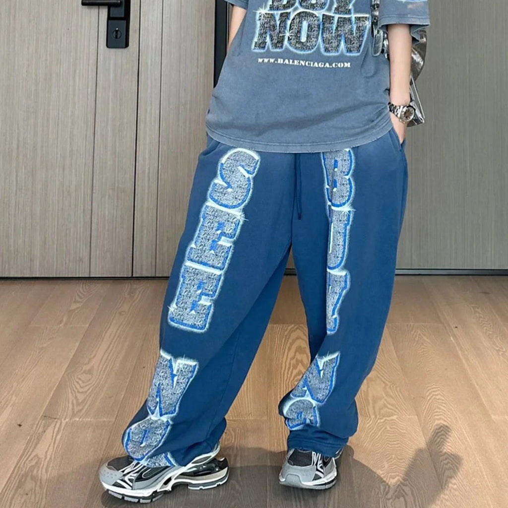 Men's Women's Four Seasons Solid Color Letter Print Fit Mid Waist Elastic Casual SNBN BAGGY Sweatpants Ngvp #8283