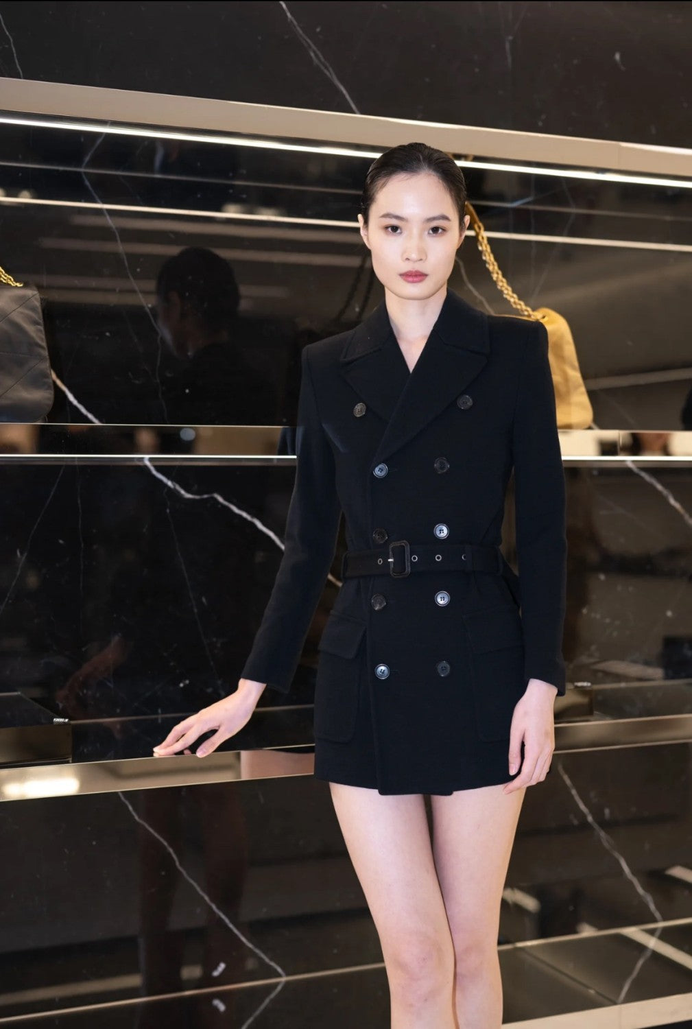 Women's Spring. Autumn And Winter Double-Breasted Belt Solid Color Wool Short Black Dress Long-Sleeved Straight Coat Ngvp #9399