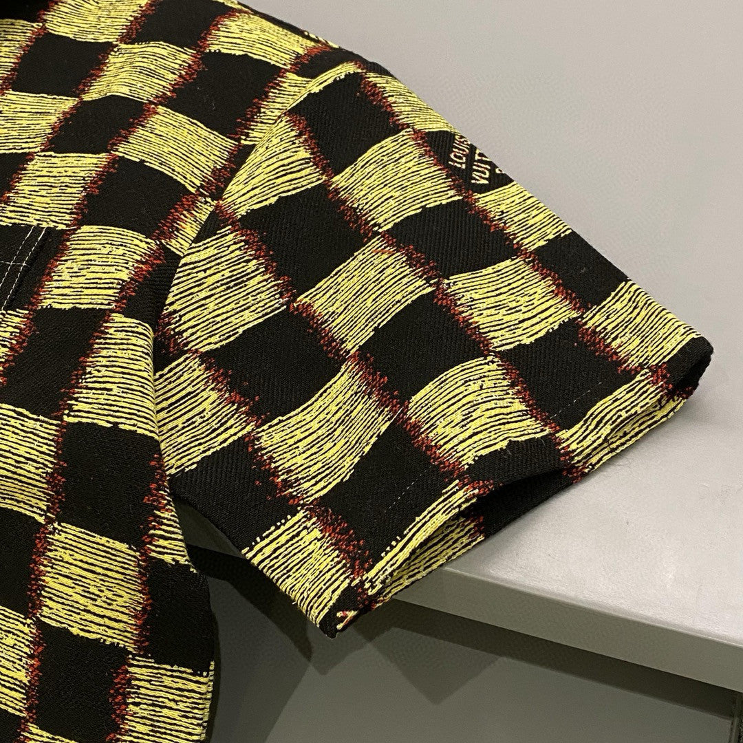 Men's Summer Yellow Logo Printed Lapel Single Breasted Short Sleeve Wool Shirt #98437