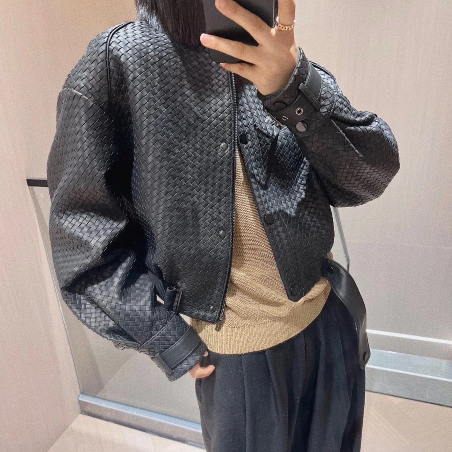 Women's Spring And Autumn Luxury Solid Color Standing Collar Leather Button Braided Sheepskin Biker Leather Coat Jacket Ngvp #8241