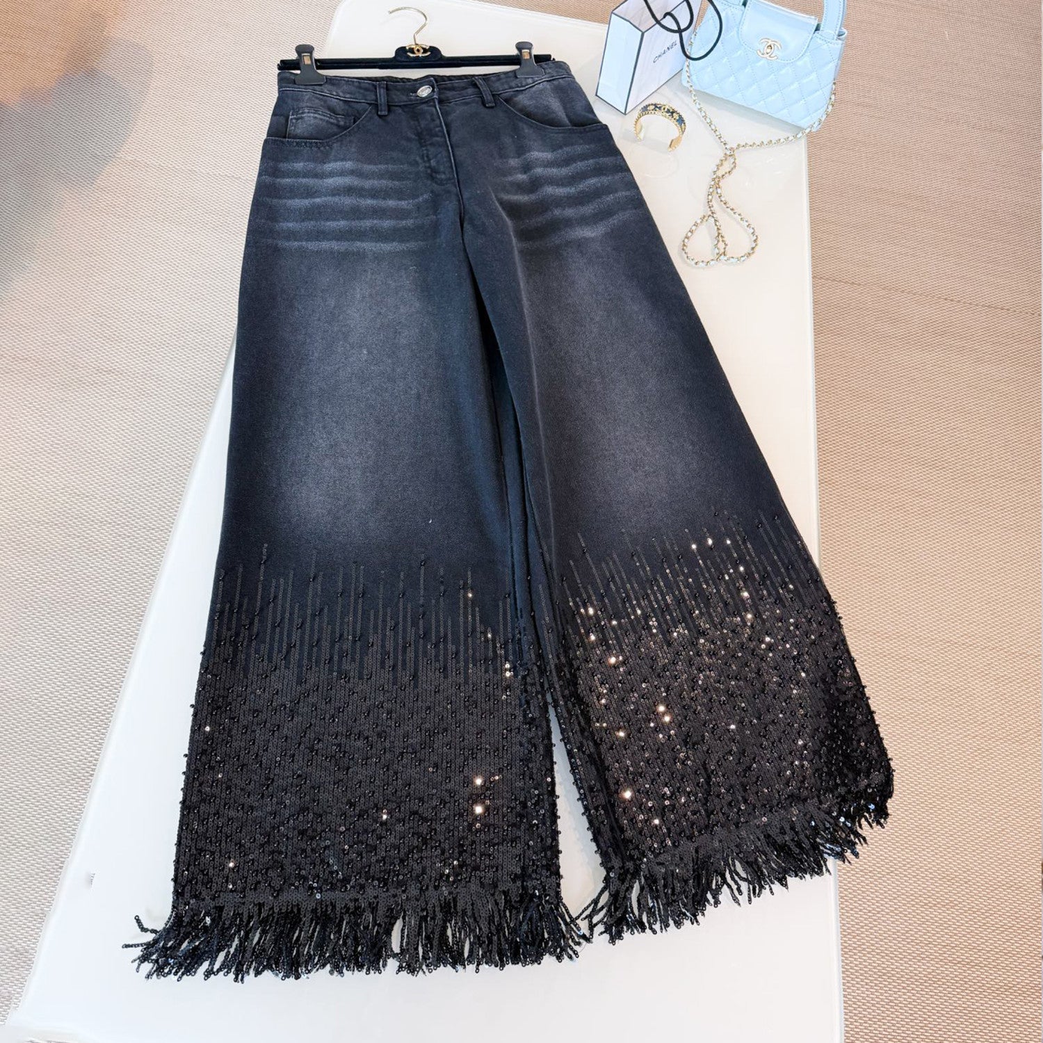 Women's Spring/summer Sequined Fringe Straight-leg Pants Black And White Denim Loose-fit Wide-leg  Long Pants Trousers Ngvp #2169