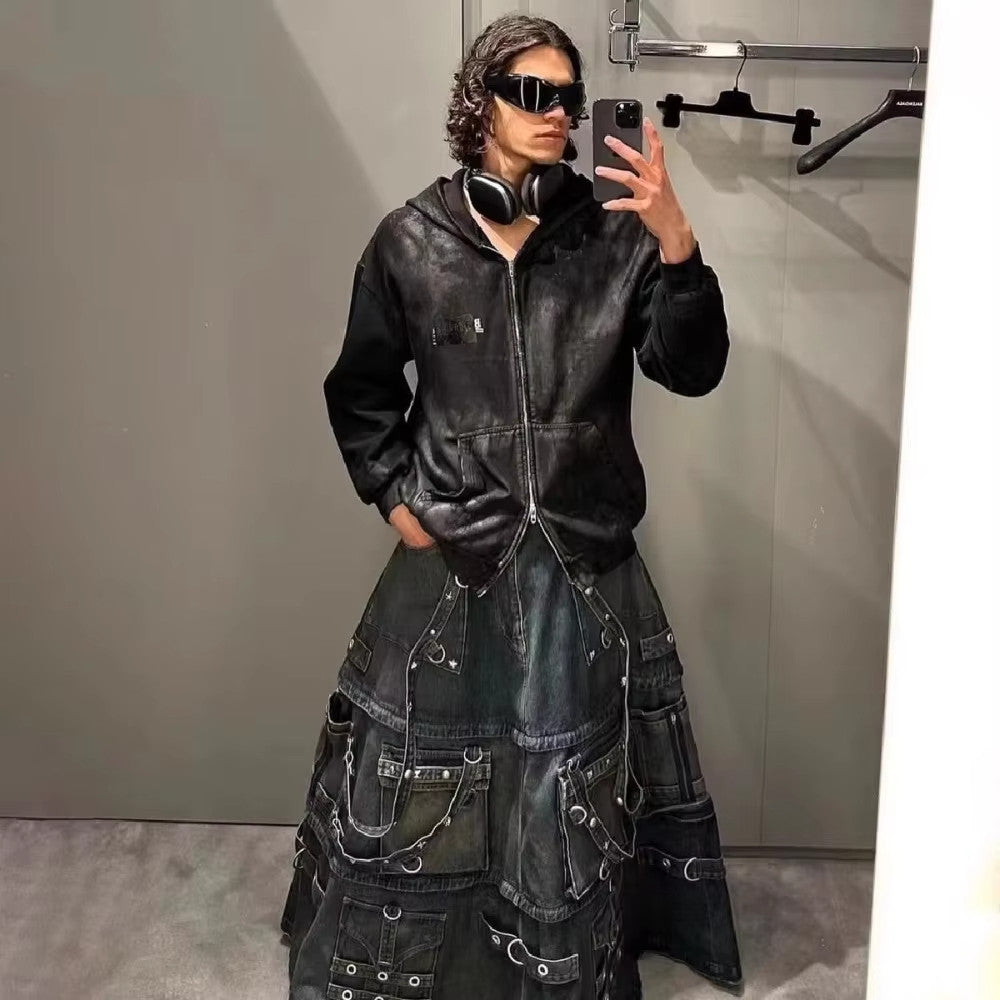 Men's Skirt Vintage Rivets Straps Detachable Denim Skirt High Street Ragged Trend Punk Style Jeans Pants #71841