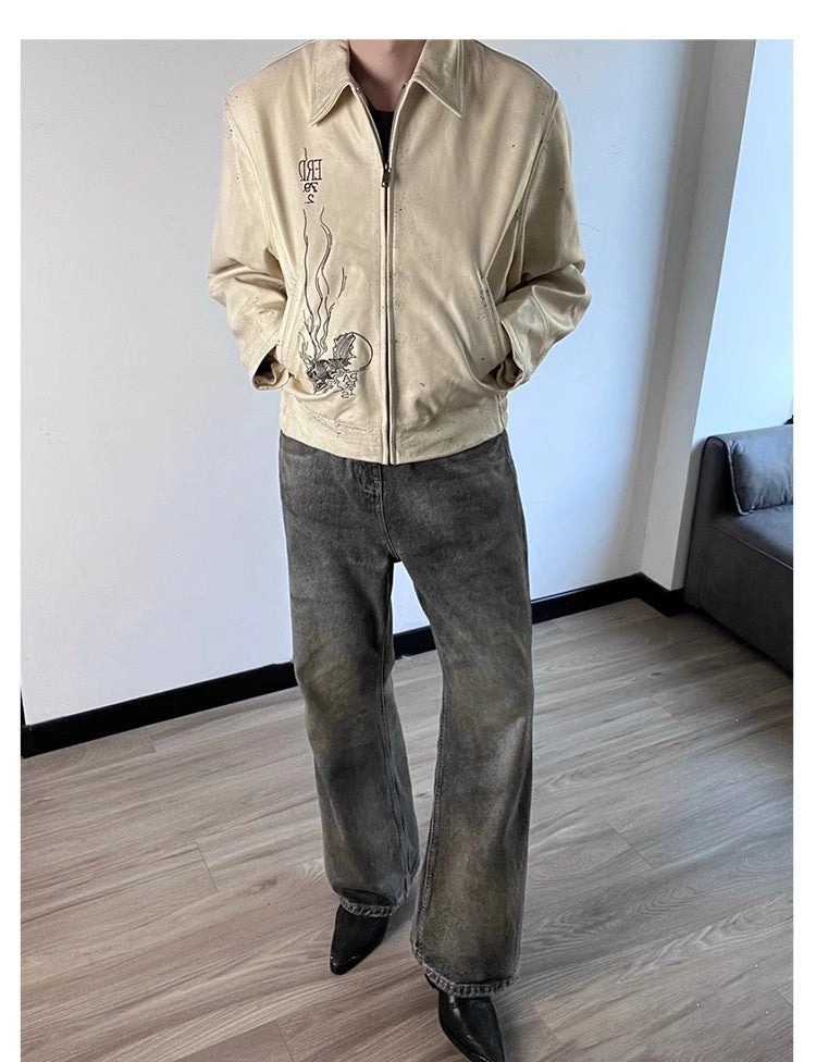 Enfants Riches Deprimes Men's Spring And Autumn Solid Color Sheepskin Loose Short Doing Old Embroidery Arcane 17 Zipper Leather Jacket Ngvp #9167