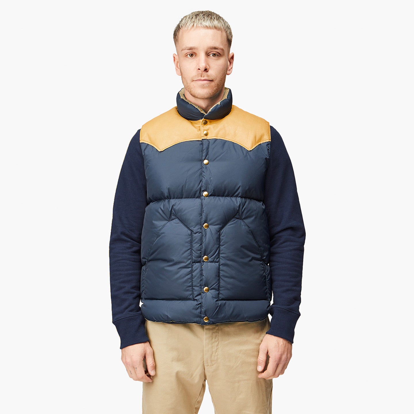 Rocky Mountain Featherbed Men's Fall/Winter Patchwork Leather Stand-Up Collar Single-Button Vest Solid Color Sleeveless Down Vest Ngvp #2513