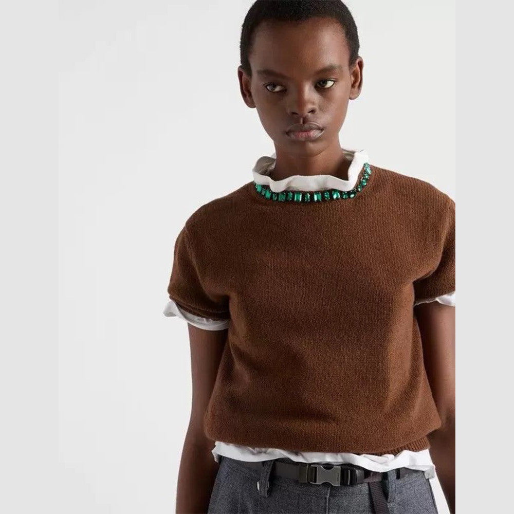 Women's 2026 New Collection Crystal Embellished Crew Neck Cashmere Knitted Short-Sleeve T-shirt