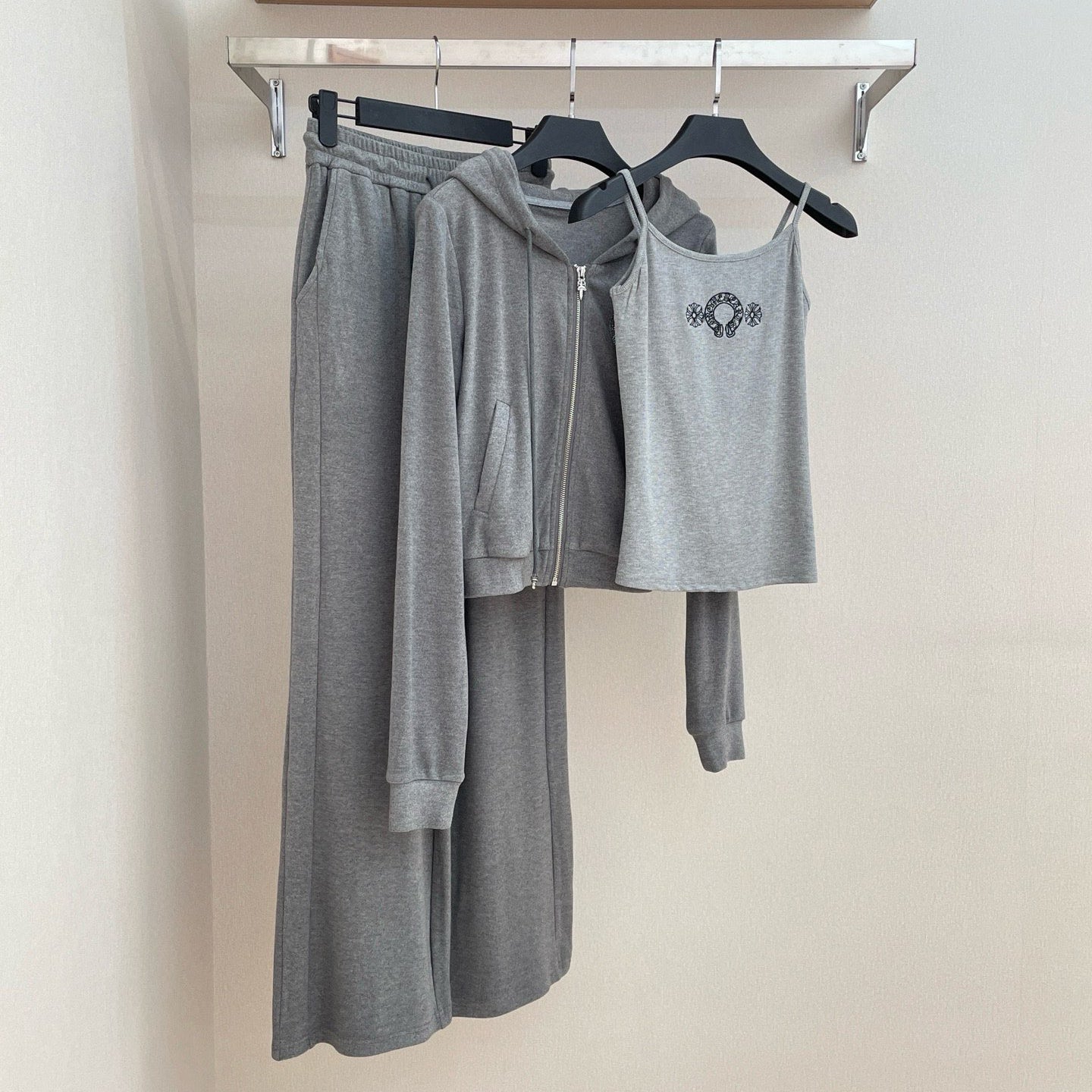 Women's Spring And Autumn Camisole Undershirt Zipper Hooded Long Sleeved Jacket Lace Up Casual Trousers Pants Three Piece Suit Set #73348