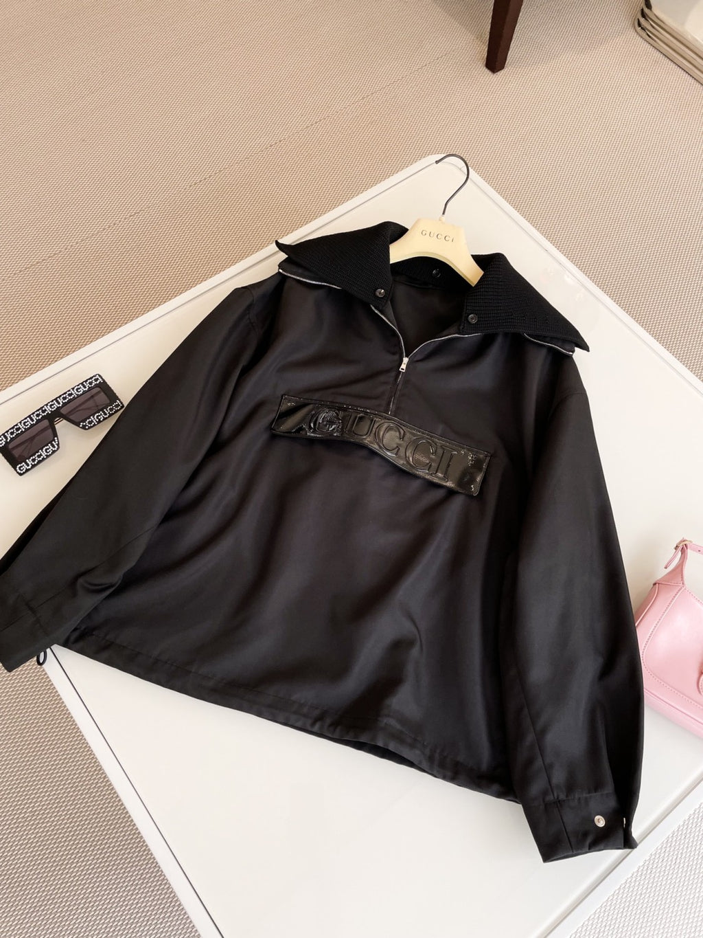 Women's Spring/Summer Solid Color Letter Logo Lapel Drop Shoulder Long Sleeve Half Zip Sweatshirt Jacket #72915