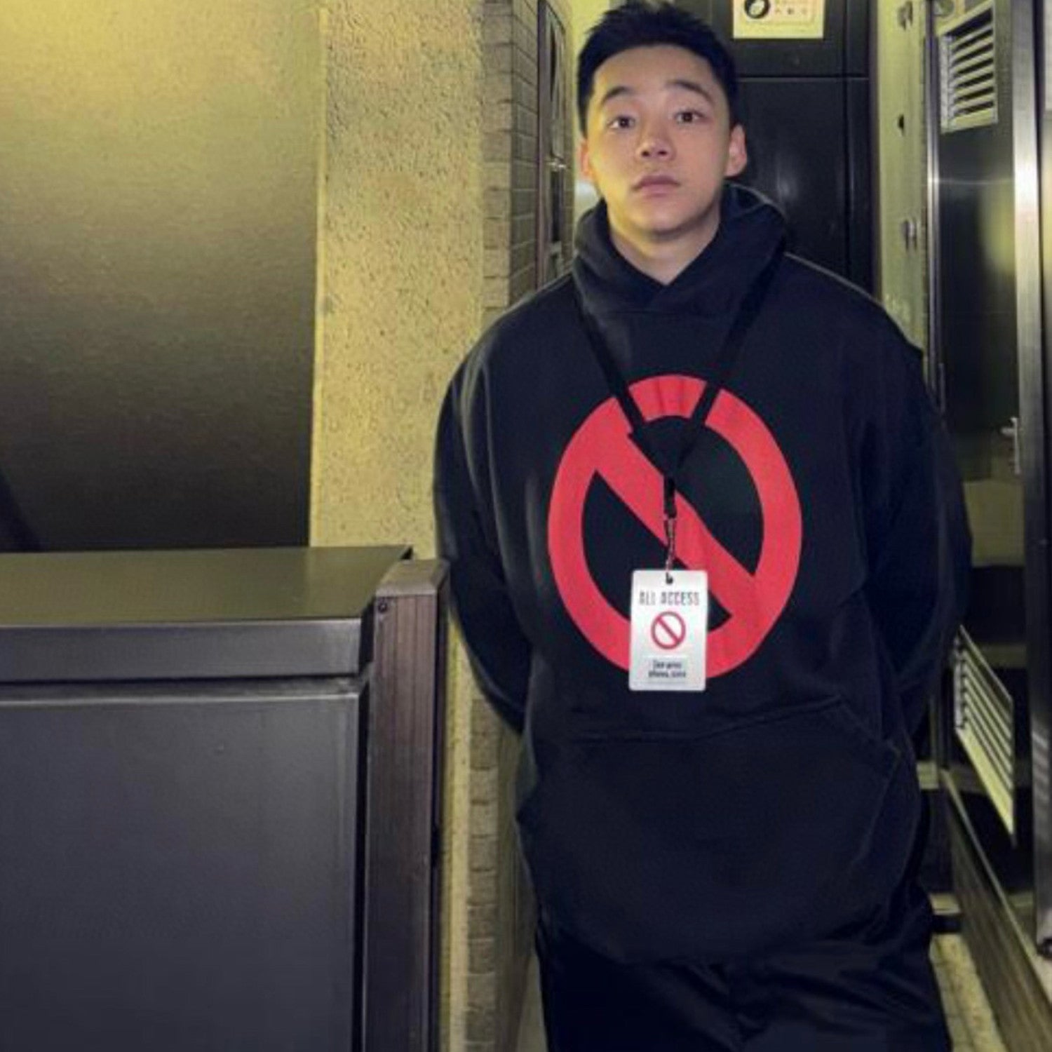 Men's Spring And Autumn Prohibition Sign Black Hooded Long Sleeved Casual High Street Hoodie  Ngvp #8615