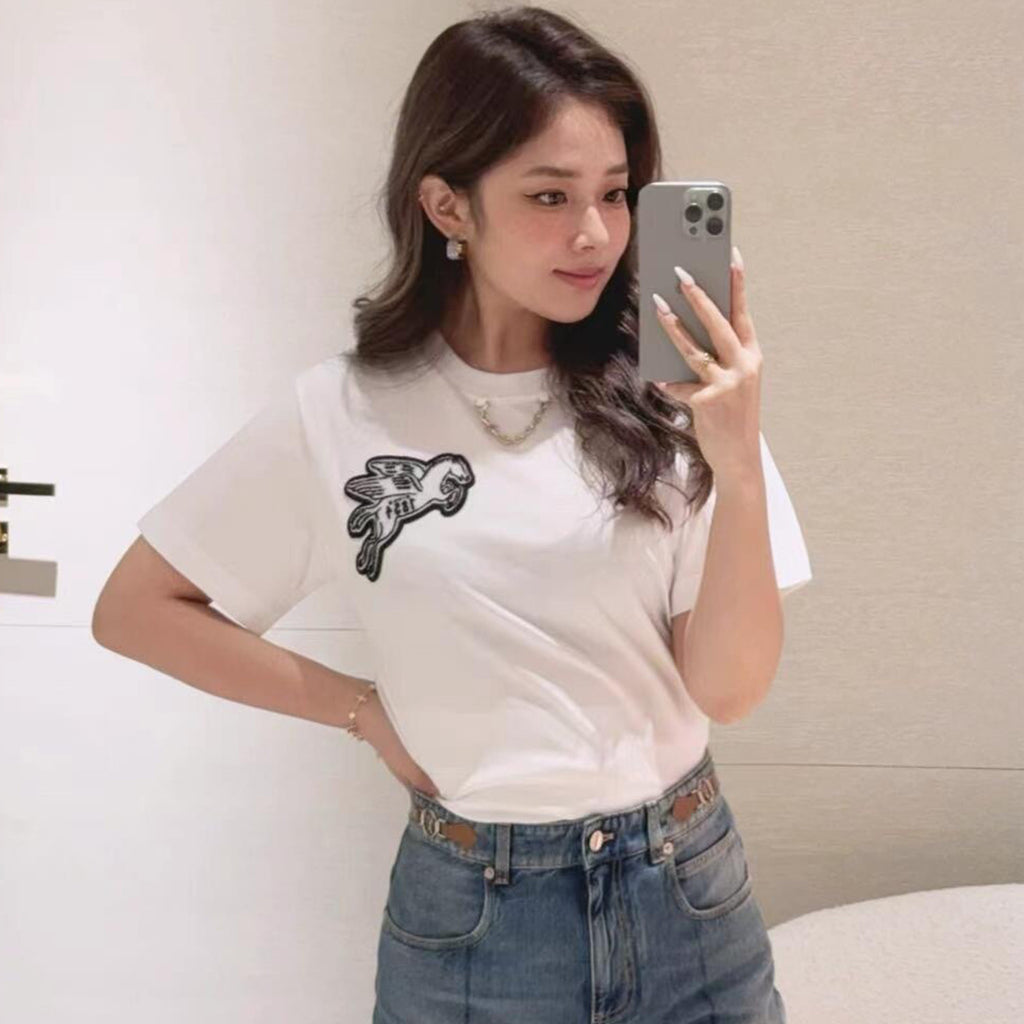 Men's Women's Spring Summer Chain Appliques Pattern Loose T-Shirt Round Neck Cotton Top Ngvp #8866