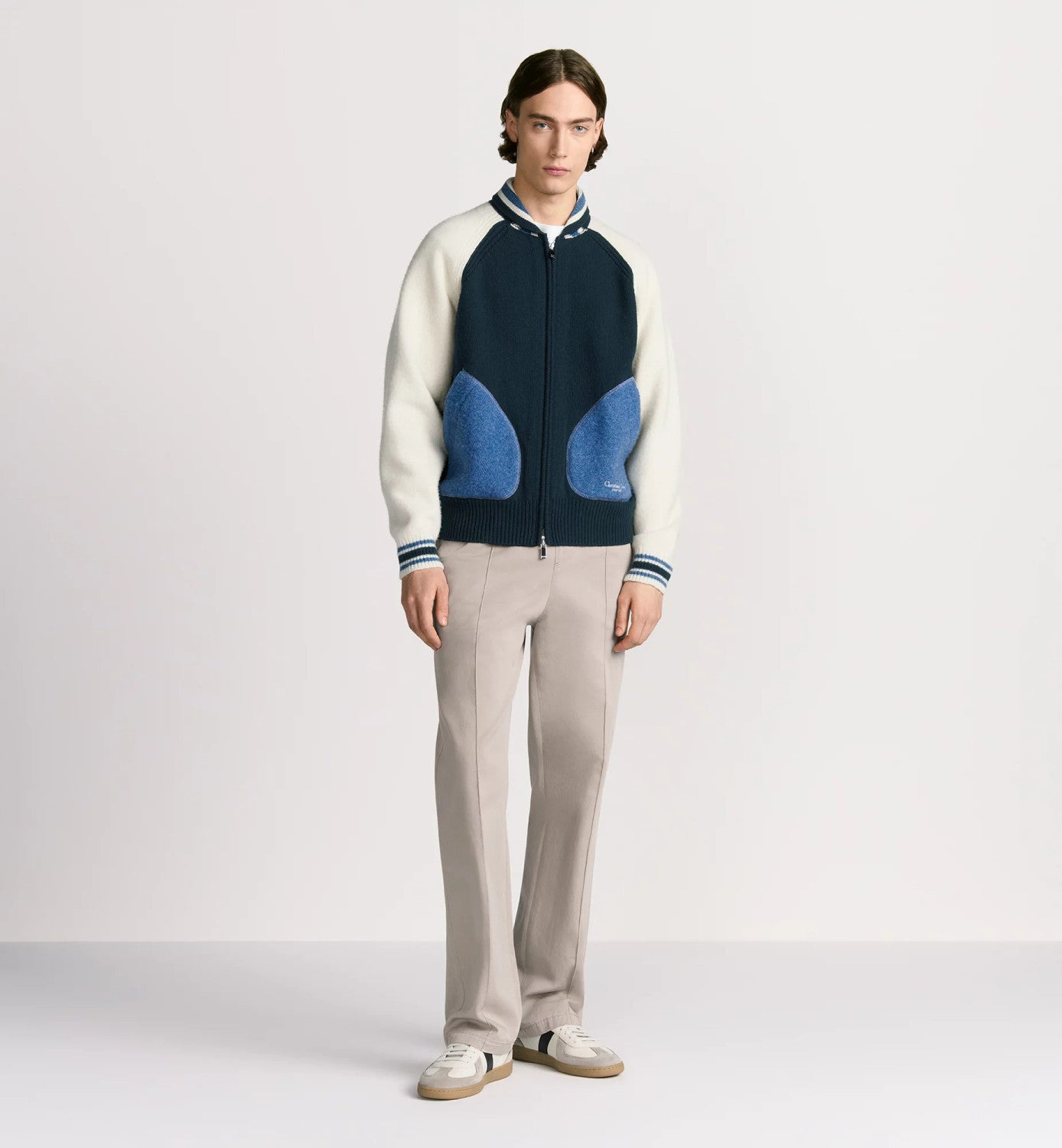 CD Men's Spring/Fall Vintage College-Style Color-Block Wool Sweater with Floral Embroidery Plain-Knit Long-Sleeve Oversized Cardigan #81595