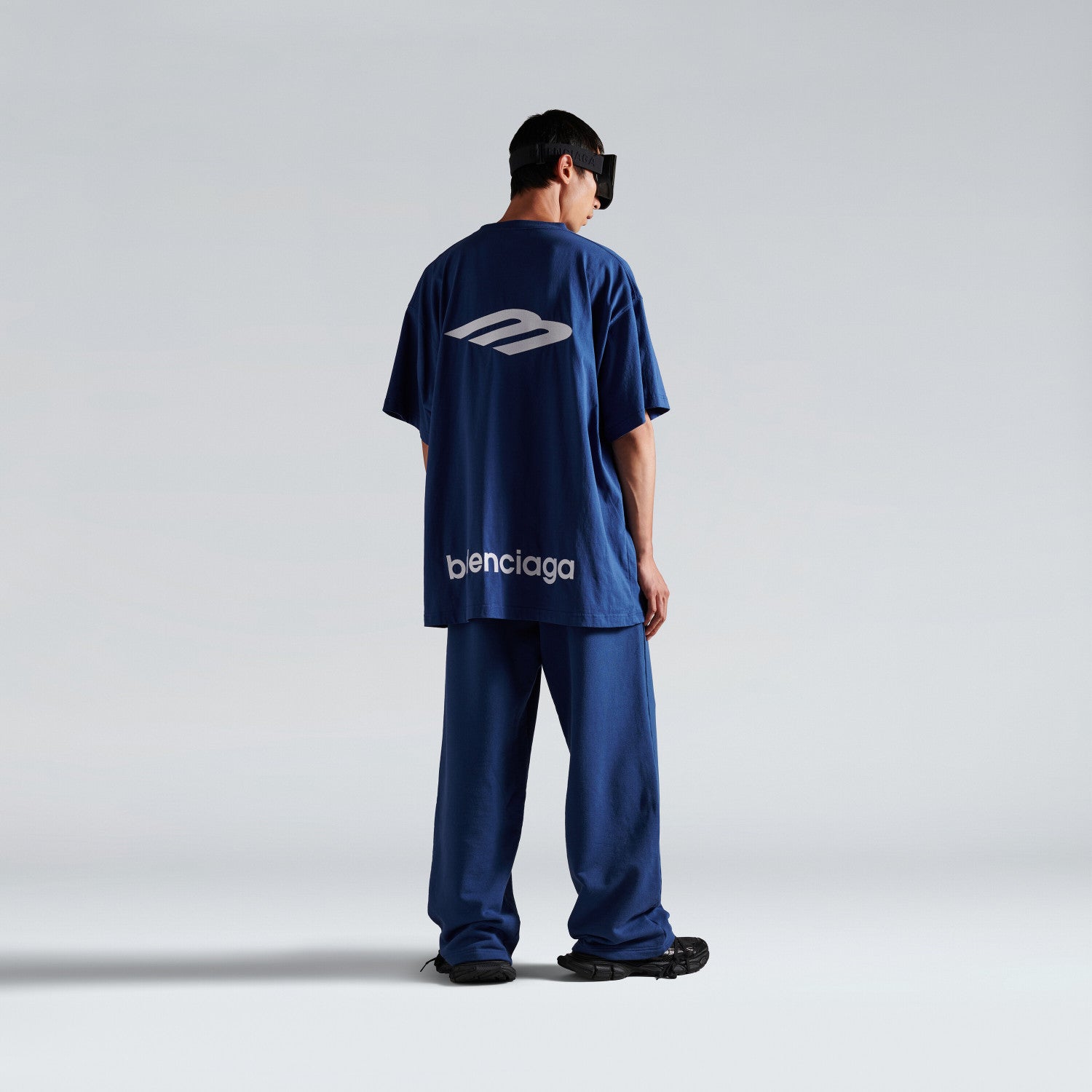 3B Sports Icon Light Sea Blue and White Plain Knit Oversized T-Shirt Black Fashion High-Street Trend Crew Neck Short-Sleeve T-Shirt #193401