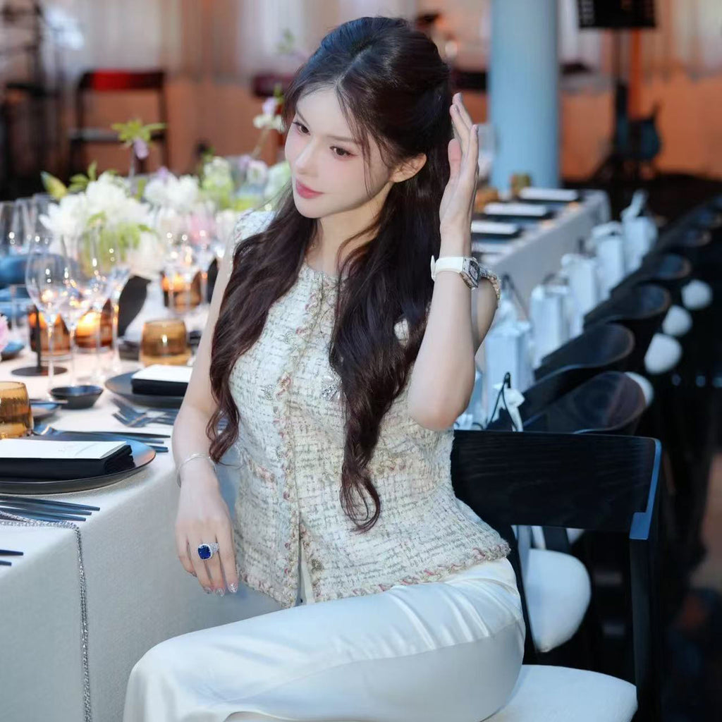 Mtiers D'art Collection Tweed Gold Thread Vest Women's Spring And Summer Short Sleeveless Undershirt Tops Fashionable And Elegant Trend Jacket Ngvp #2222