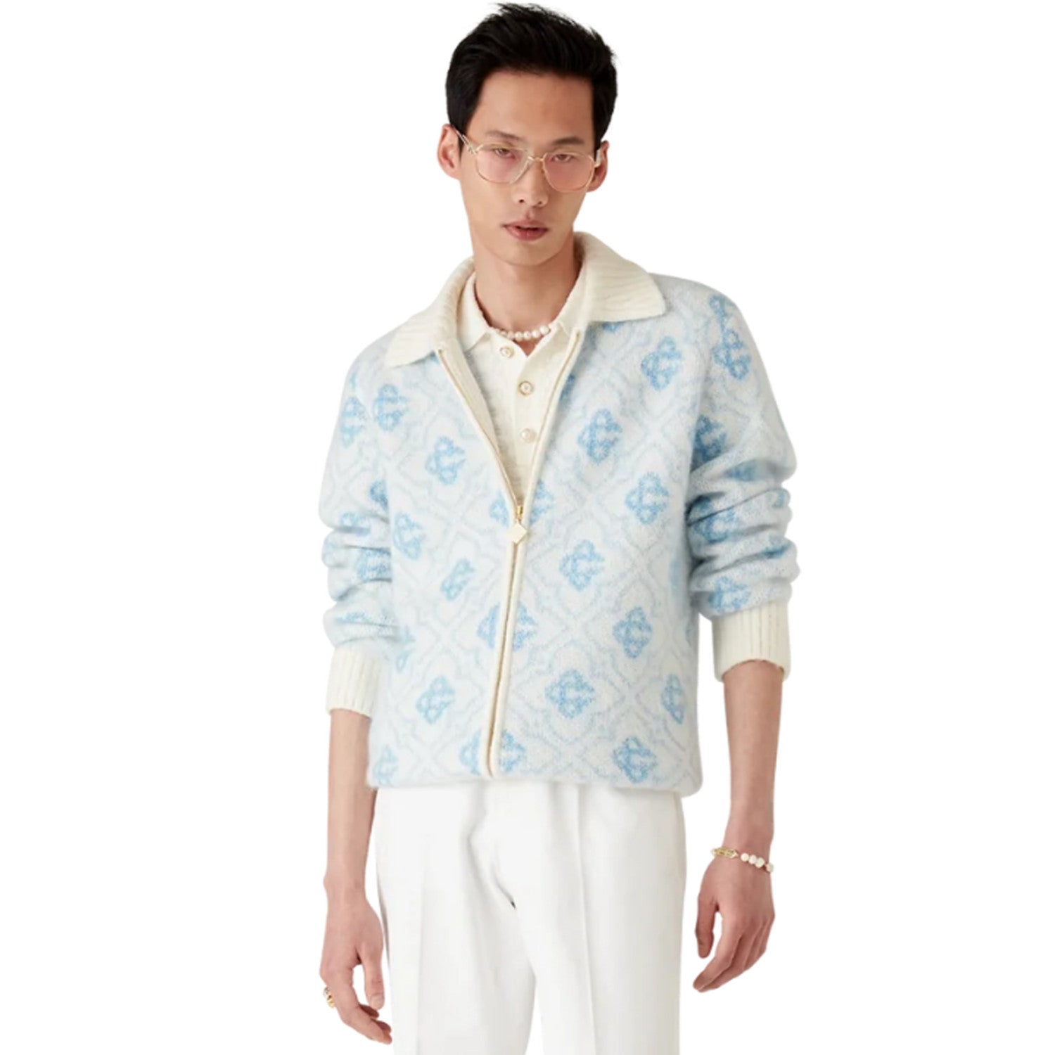 Men's Fall/Winter Blue & White Letter Checkered Color-Block Knit Cardigan Jacket Fashionable Casual Zipper-Front Knit Cardigan #193193