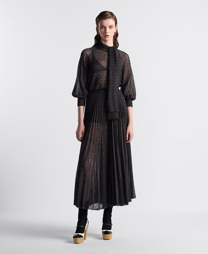 DiorWomen's Fall Mohair. Alpaca and Silk Blend Stretch Knit Top Black Bow Neck Fitted Long Sleeve Sweater Ngvp #9331