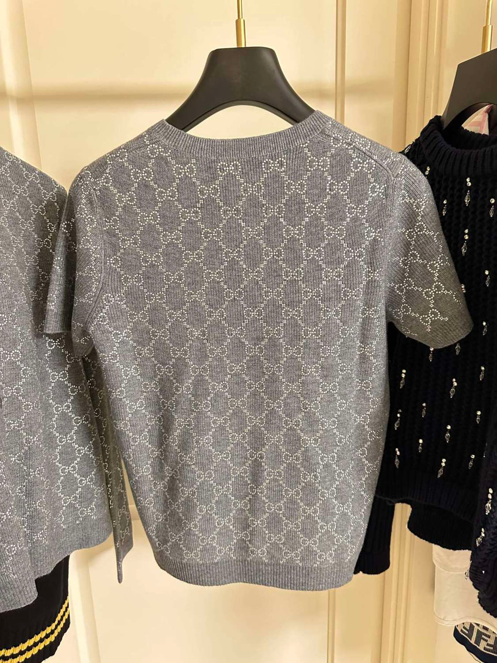 Women's Summer Gray Letter Logo Rhinestone Decoration Slim Short Sleeve Knit T-Shirt #72992