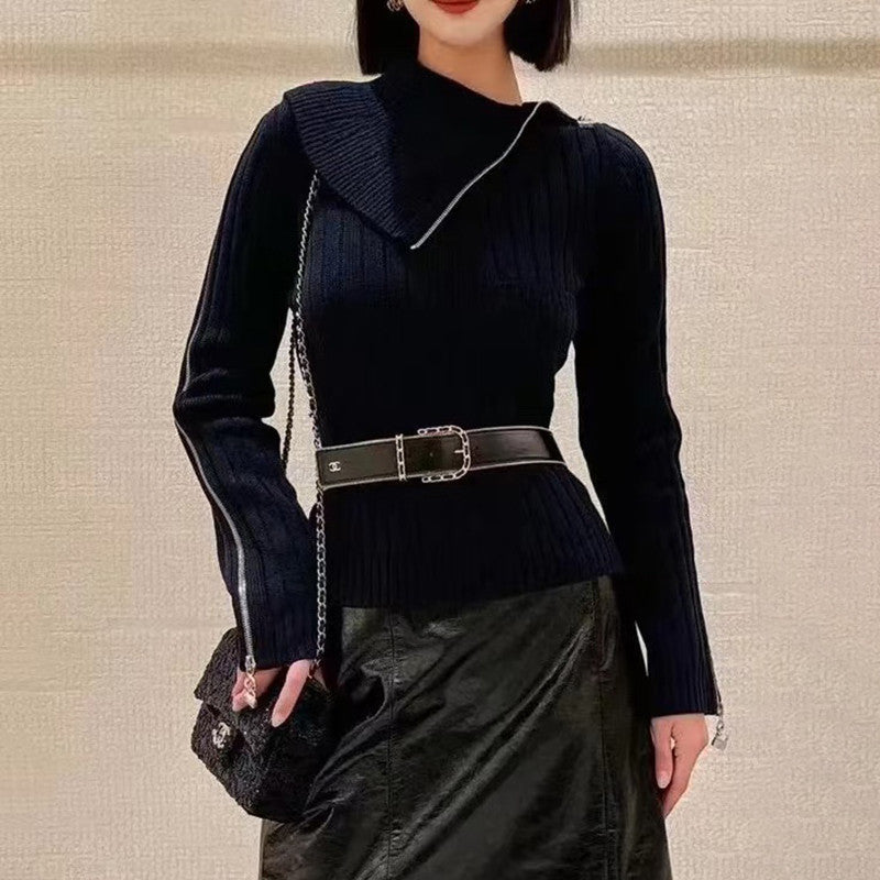 Women's Spring and Autumn Solid Color Slant Shoulder Zipper Wool Knit Sweater #73841