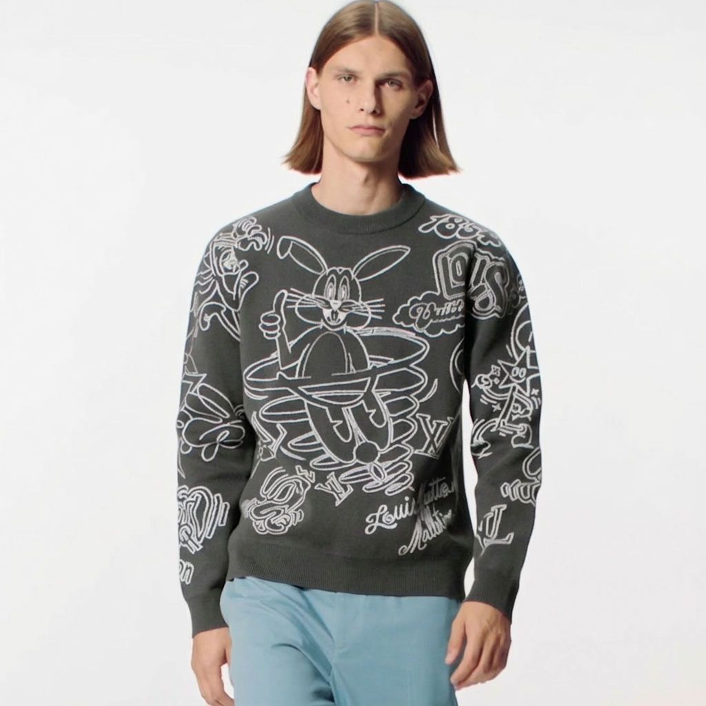 LV Rabbit Cartoon Knitted Sweater Men's Fall/winter Gray And White Pattern Jacquard Pullover Knit Sweater #82347A