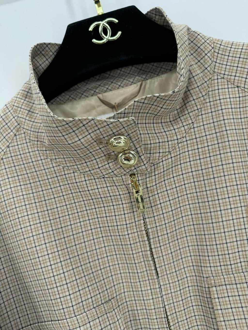 Women's Spring and Autumn Plaid Embroidery Logo Letter Standing Collar Waistband Zipper Long Sleeve Jacket #72865