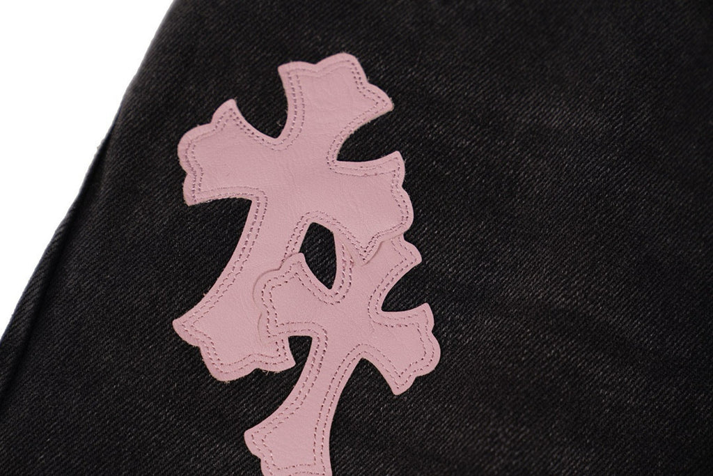 Men's and Women's Spring and Fall Pink Cross Calfskin Labeled Black Jeans Pants #97952