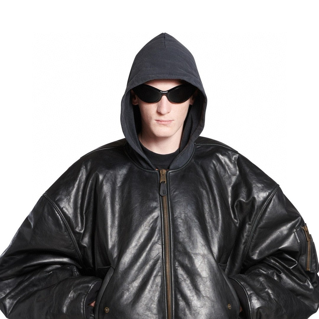 Men's Fall/Winter Black Letter Print Hooded Drop Shoulder Long Sleeve Zipper Leather Jacket #72777