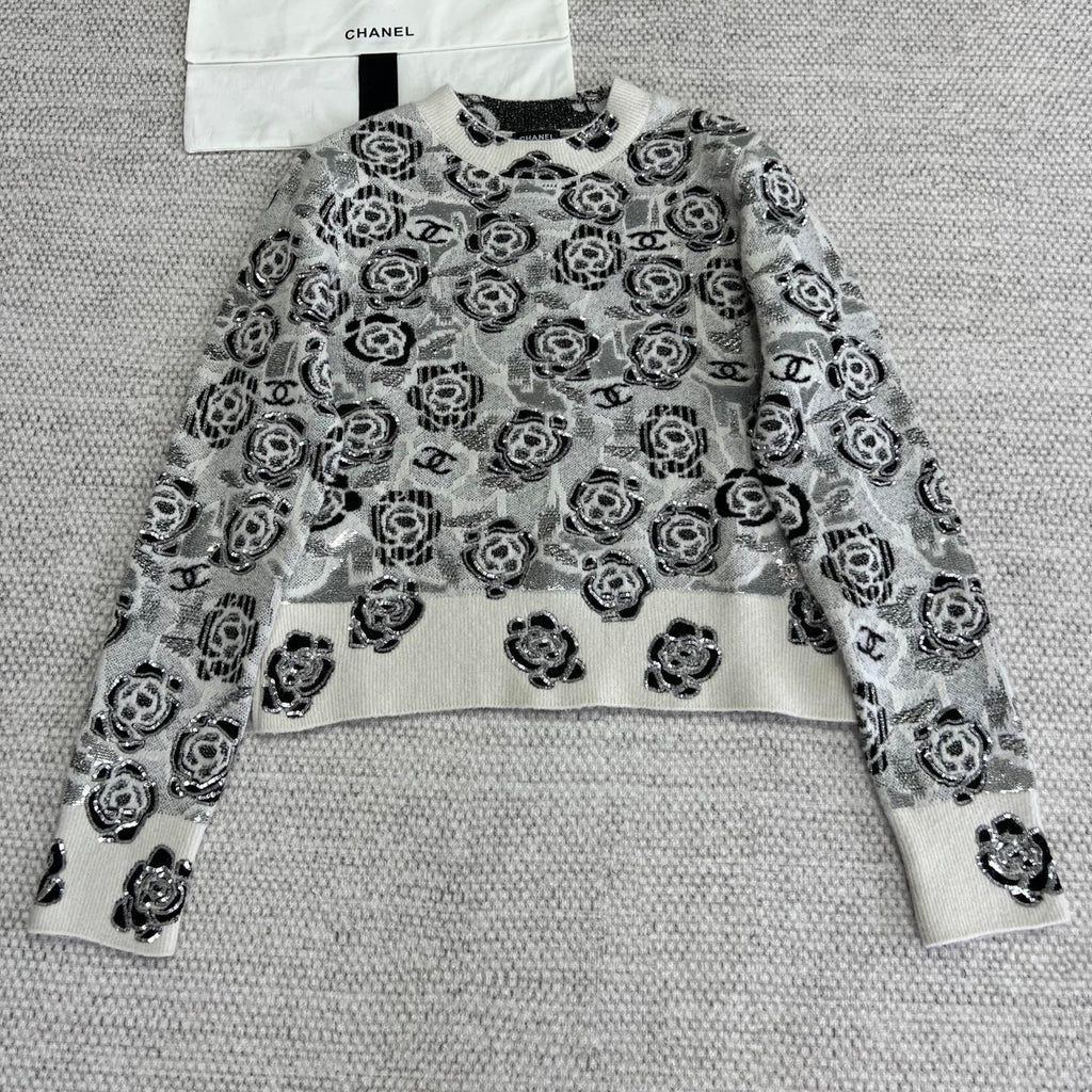 Women's Fall And Winter Sequin Cashmere Sweater Camellia Logo Jacquard Knit Pullover Sweater Knitted #71656