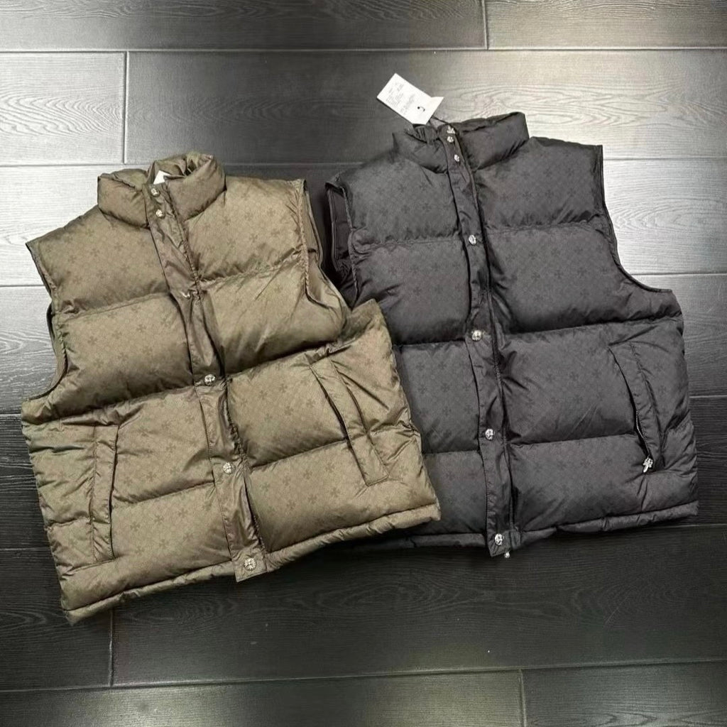 Men's And Women's Fall/Winter Fashion Casual Stand Collar Zipper Single Button Hidden Pattern 925 Sterling Silver Hardware Down Sleeveless Vest #79126