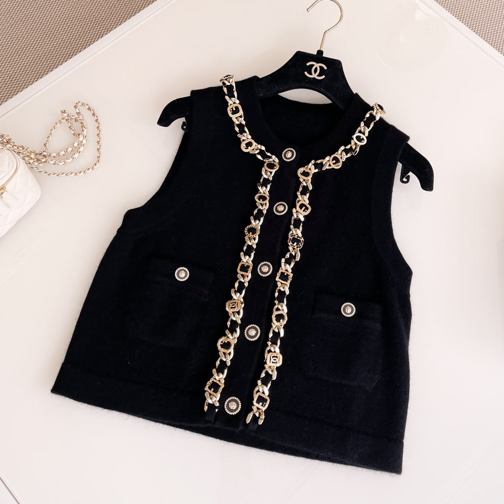 Women's Fall And Winter Fashion Antique Chain Single-Breasted Black And Gold Cashmere Knitted Tank Top Fitted Vest Ngvp #9316