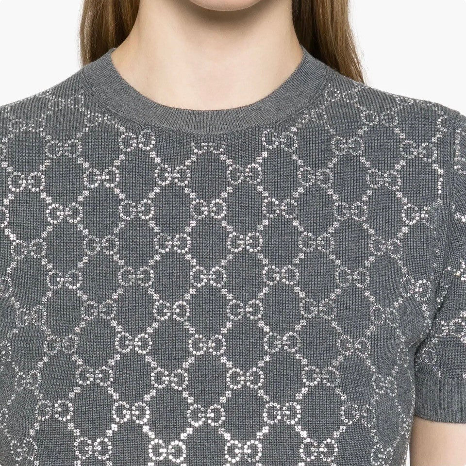 Women's Summer Gray Letter Logo Rhinestone Decoration Slim Short Sleeve Knit T-Shirt #72992