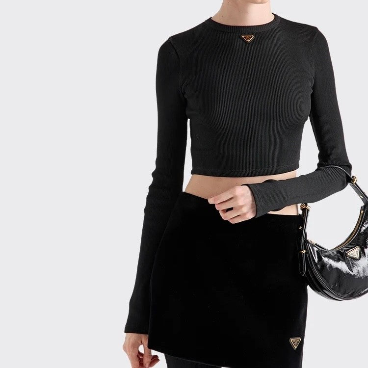 Women's Spring and Autumn Solid Color Ribbed Logo Printed Round Neck Long Sleeve Knit Sweater #74924