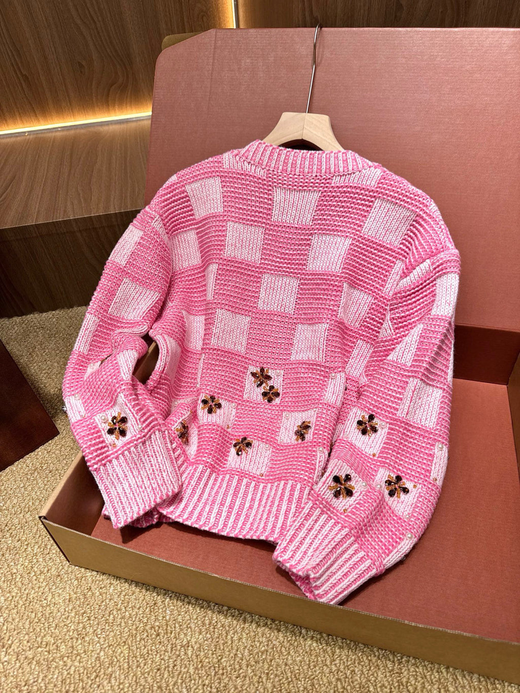 DAMIER Men's And Women's Spring/fall Fashion Casual Crew Neck Single-button Checkered Pattern Sweater With Delicate Floral Embroidery Details Knit Cardigan #79247