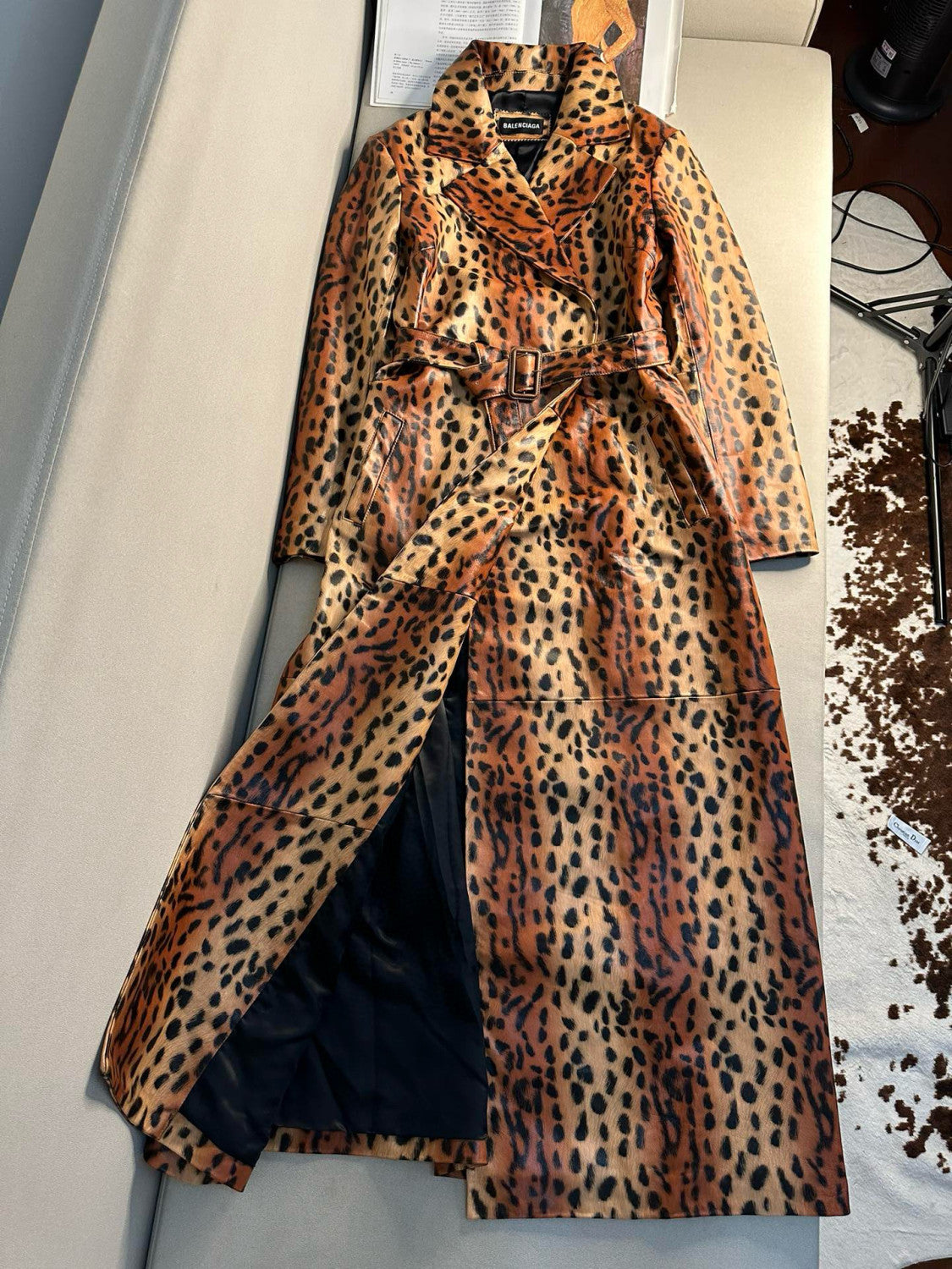 Women's Spring And Fall Fashion Temperament Leopard Print Sheepskin Long Trench Coat Lapel Belt Luxury Jacket Ngvp #8117