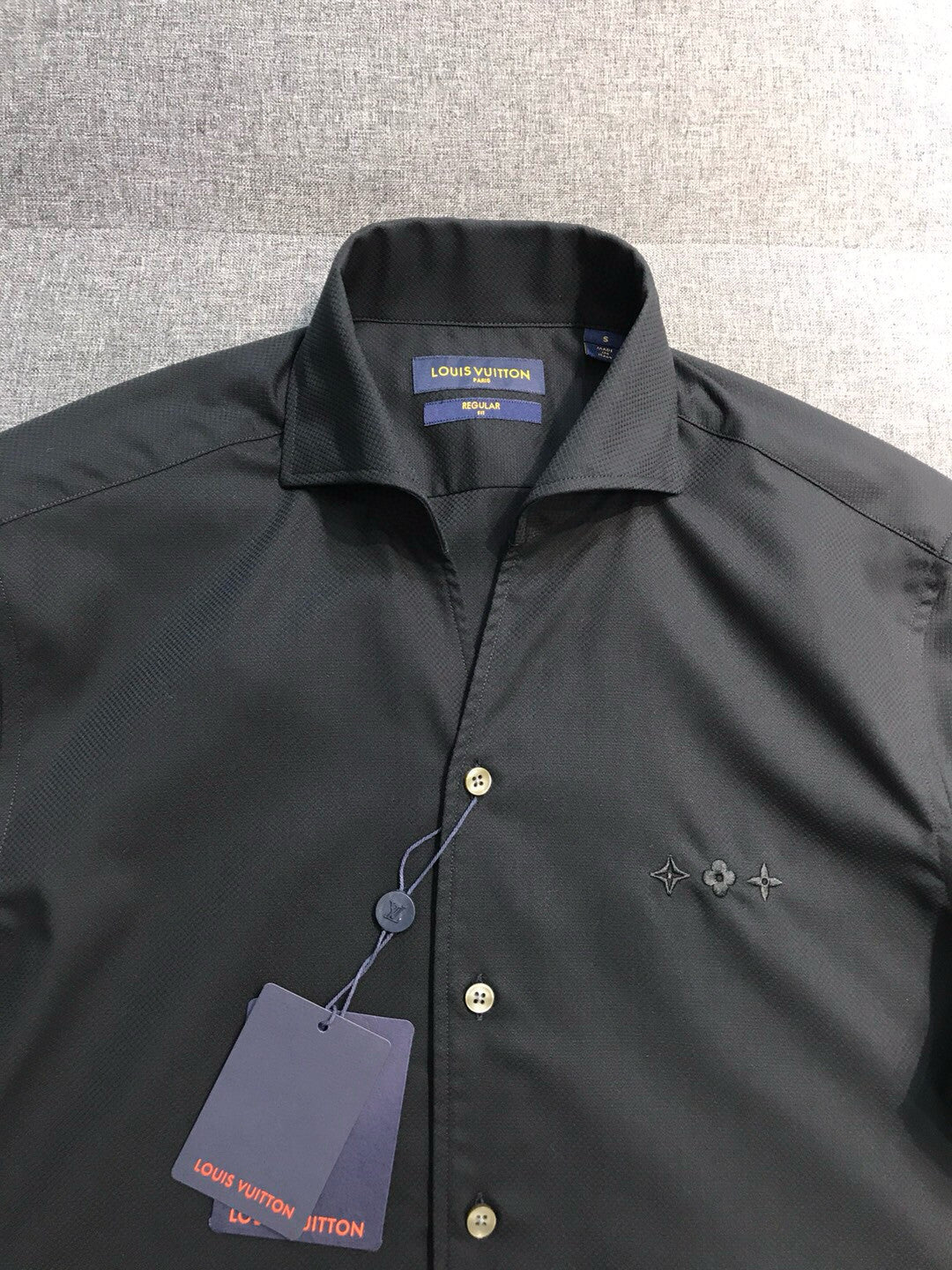 Men's Spring and Autumn Embroidered Logo Black Cotton Single Breasted Lapel Long Sleeve Shirt #98614