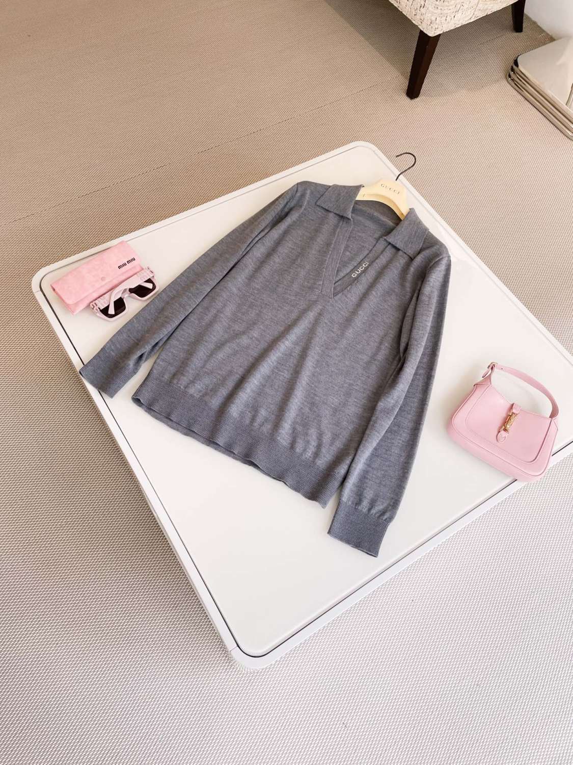 Women's Spring/Summer Solid Color Logo Letter Printed Polo Neck Pullover Long Sleeve T-Shirt #73822