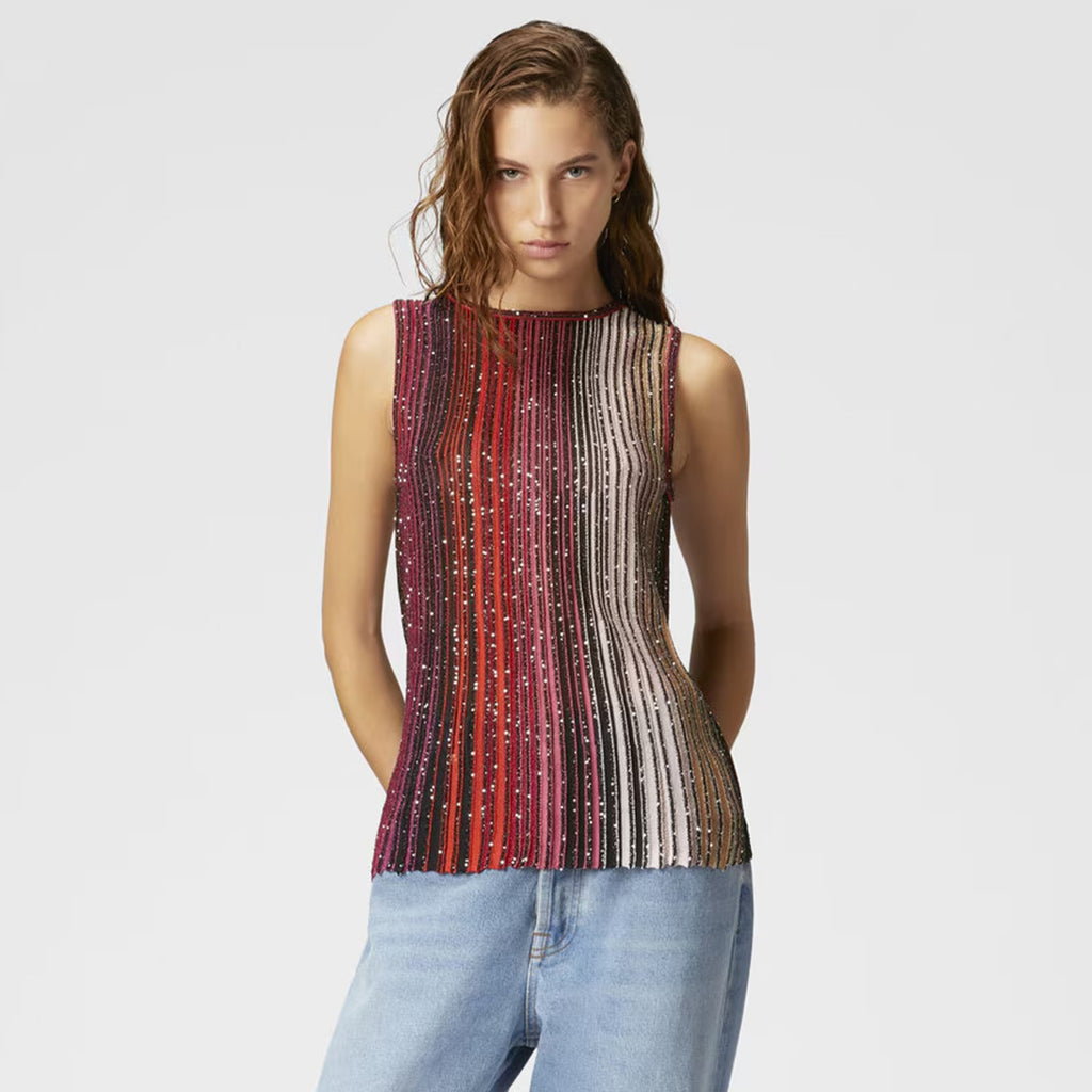 Missoni Women's Spring And Summer Fashion Elegant Colorful Striped Golden Silk Knit Clashing Sleeveless Vest T-shirt Casual Pants Set Suit Ngvp #1758