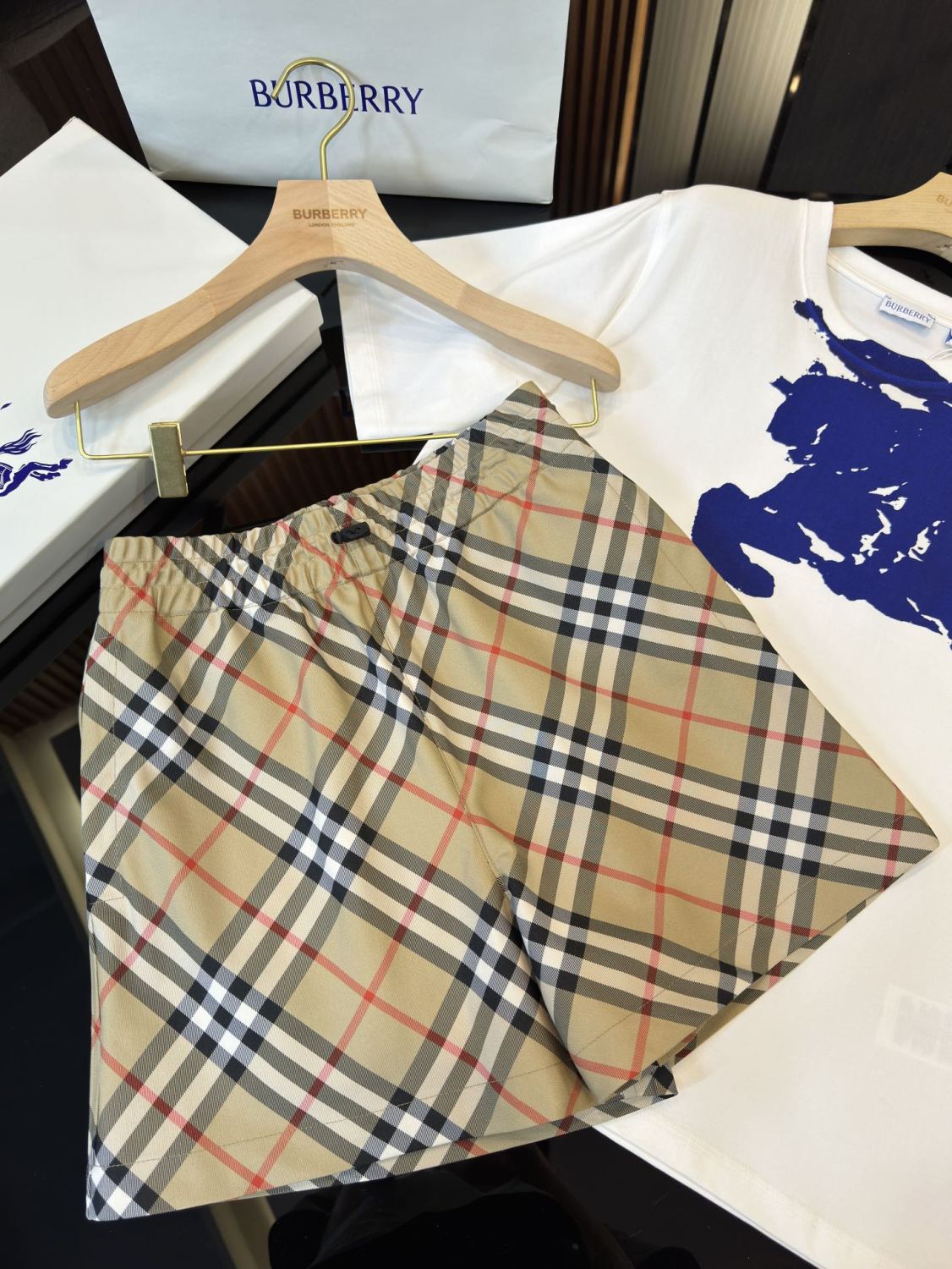 Women's Summer Check Print Drawstring Elastic Straight Casual Shorts #72294