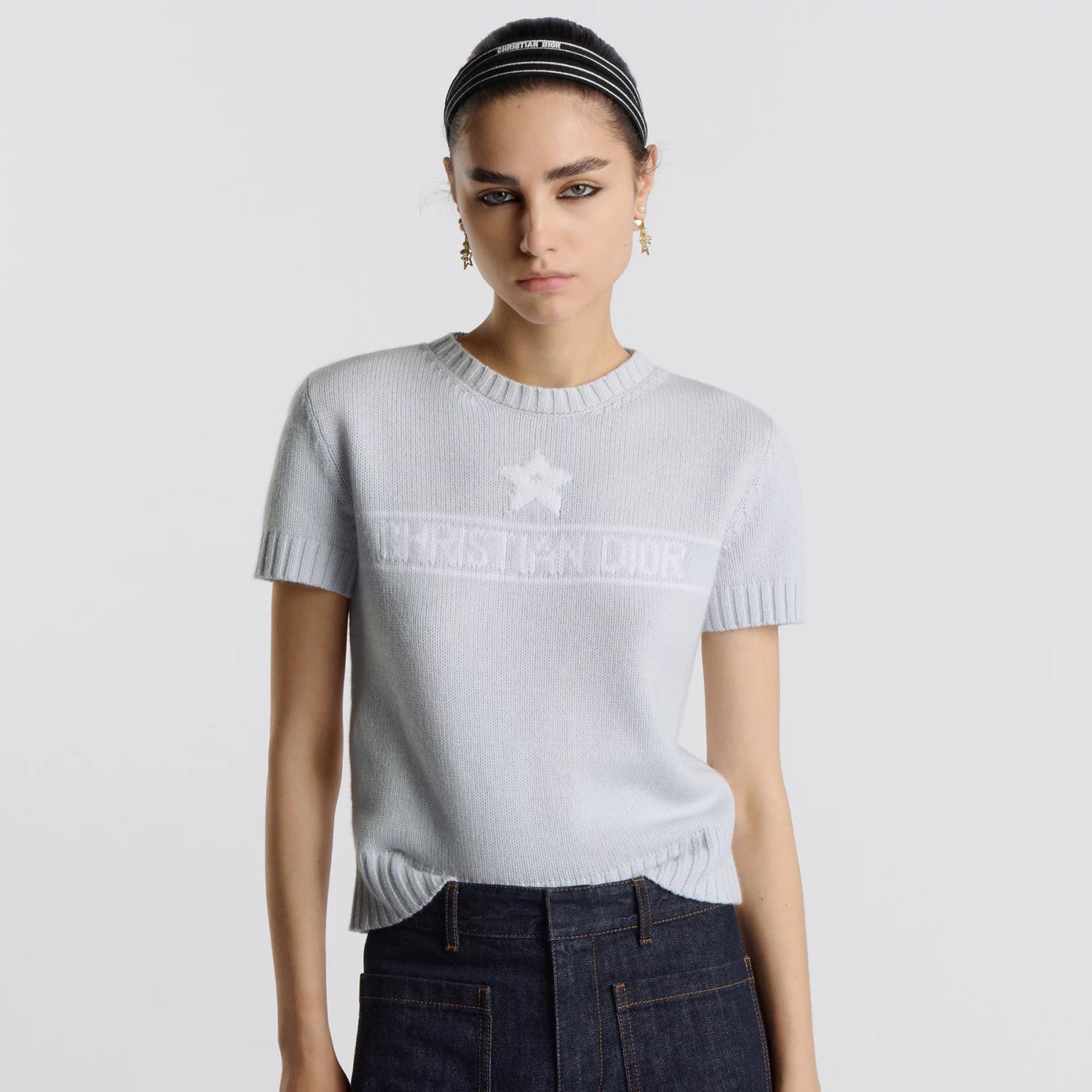 Women's Solid Color Pentagram Letter Print Cashmere Short Sleeve Knit Sweater #76157