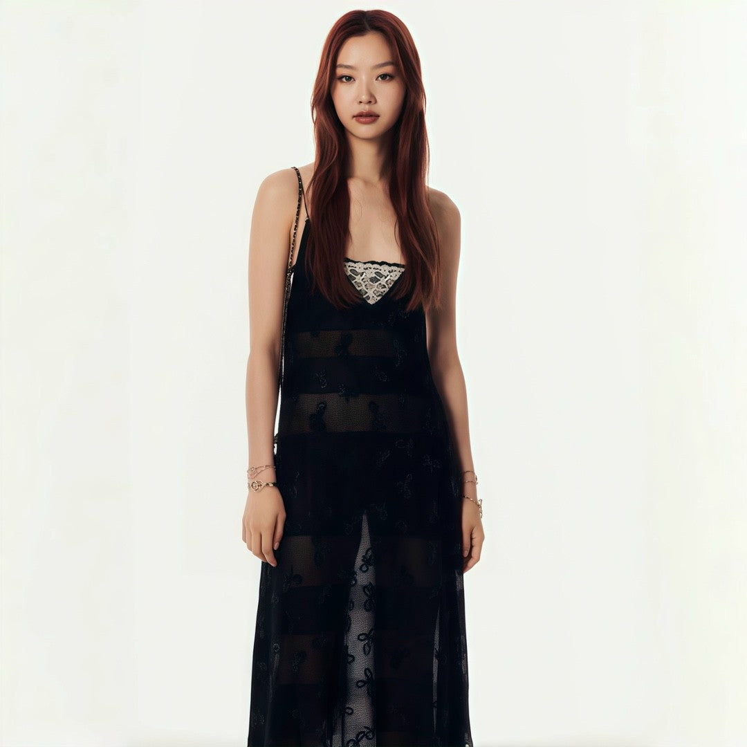 Women's Summer High Street Solid Color Lace Bow Jacquard Embroidery Sexy V-Neck Semi-Sheer Long Fitted Halter Dresses Ngvp #8744