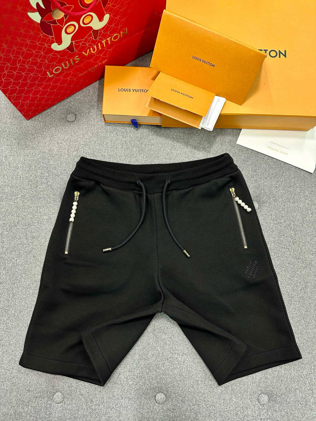 Men's Summer Black Embroidered Knit Fabric Casual Lace-Up Shorts Pants #98794