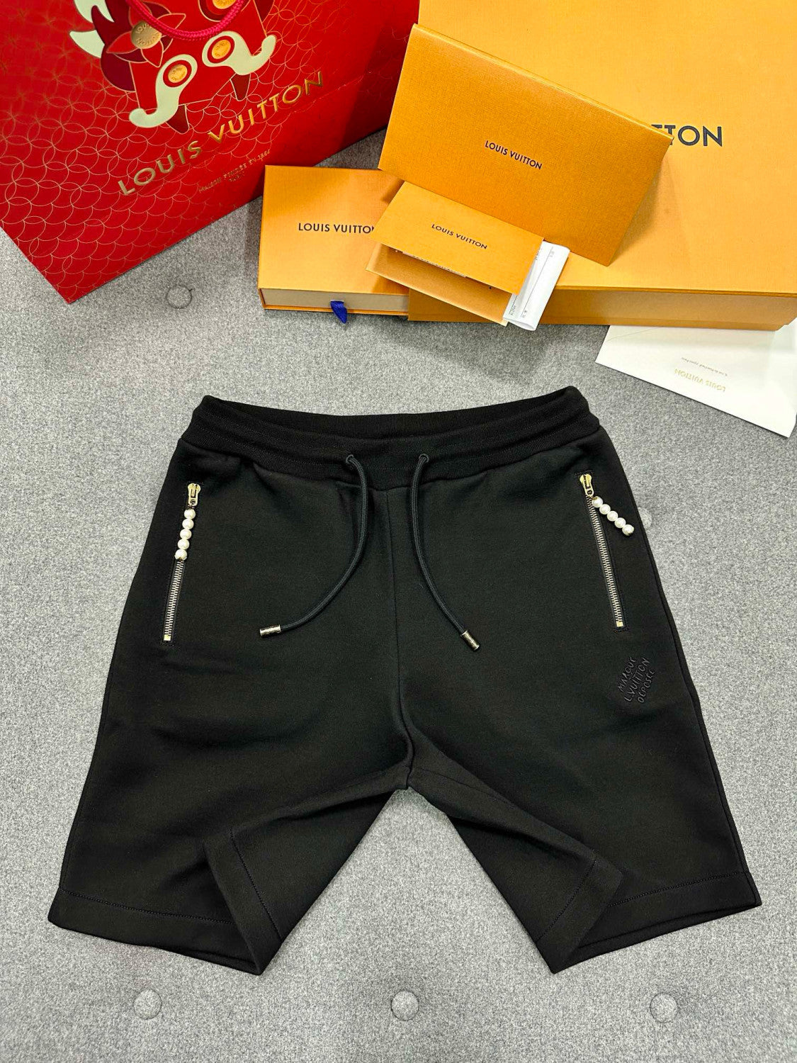 Men's Summer Black Embroidered Knit Fabric Casual Lace-Up Shorts Pants #98794