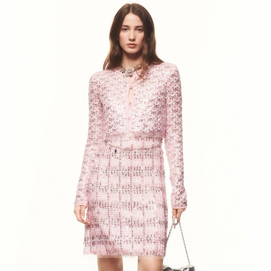 Women's Spring And Summer Sequin Design Round Neck Single-breasted Pink Long sleeved Knit Sweater Jacket Ngvp #73656