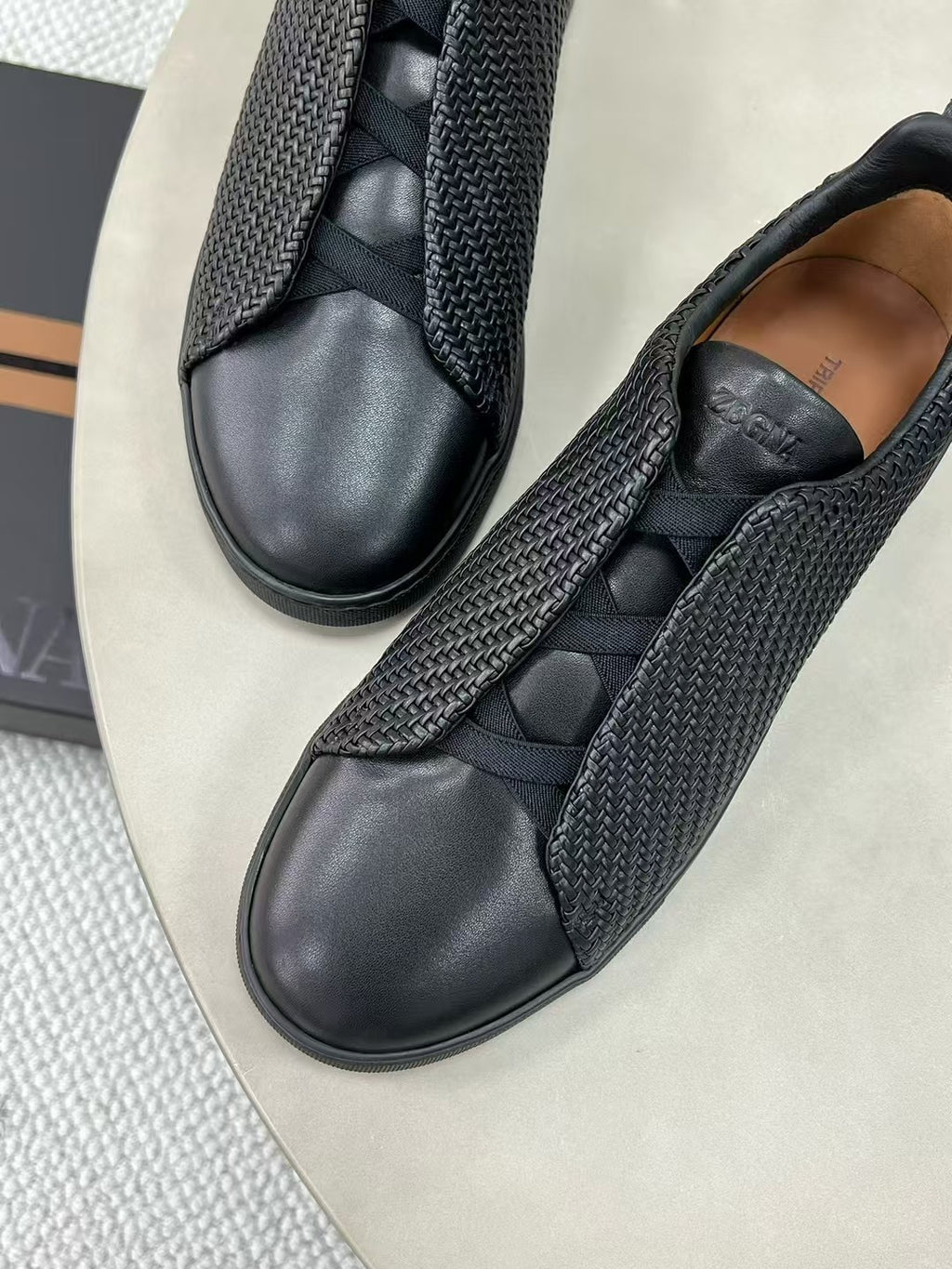 Ermenegildo Zegna Stitch Men's Solid Color Round Toe Slip-On Woven Leather Casual Skate Shoes #77926