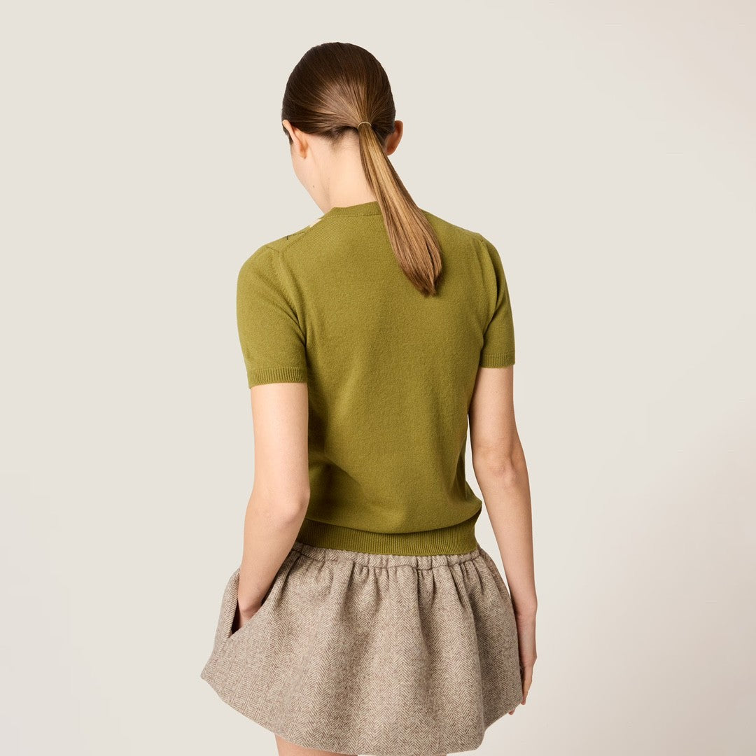 Women's Summer Colorblocking Diamond Appliqu Knit Round Neck Slim Short Sleeve Cashmere T-shirt #73852