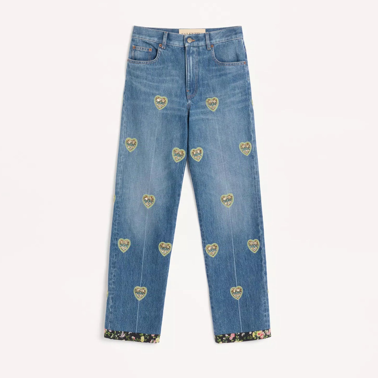 Women's Four-Season Vintage Heart-Shaped Embroidered Floral Beaded Solid-Color Denim Jeans Pants Ngvp #2379