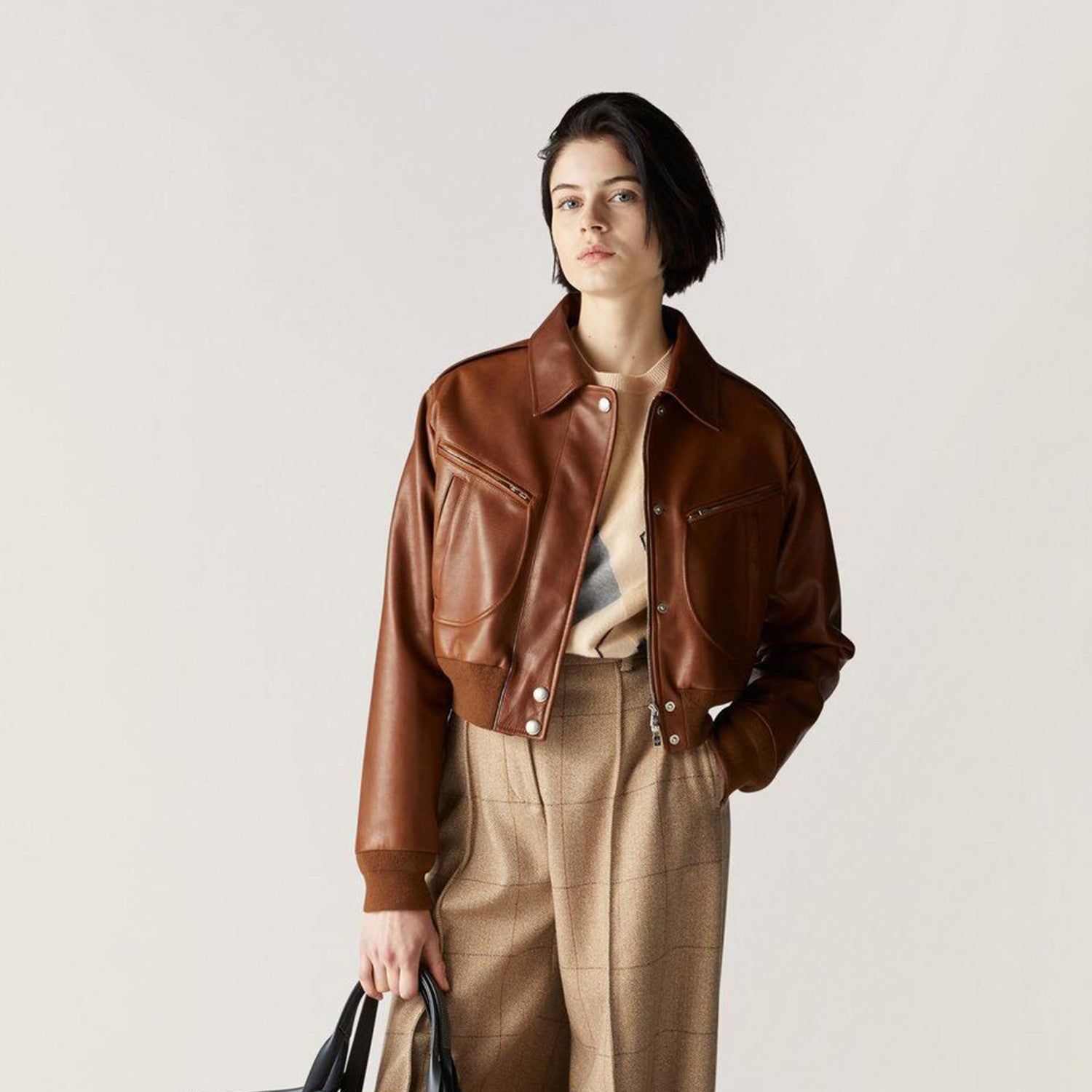 Women's Spring And Autumn Fashion Retro Solid Color Lapel Zipper Long Sleeve Sheepskin Roldan Bomber Jacket Ngvp #6647