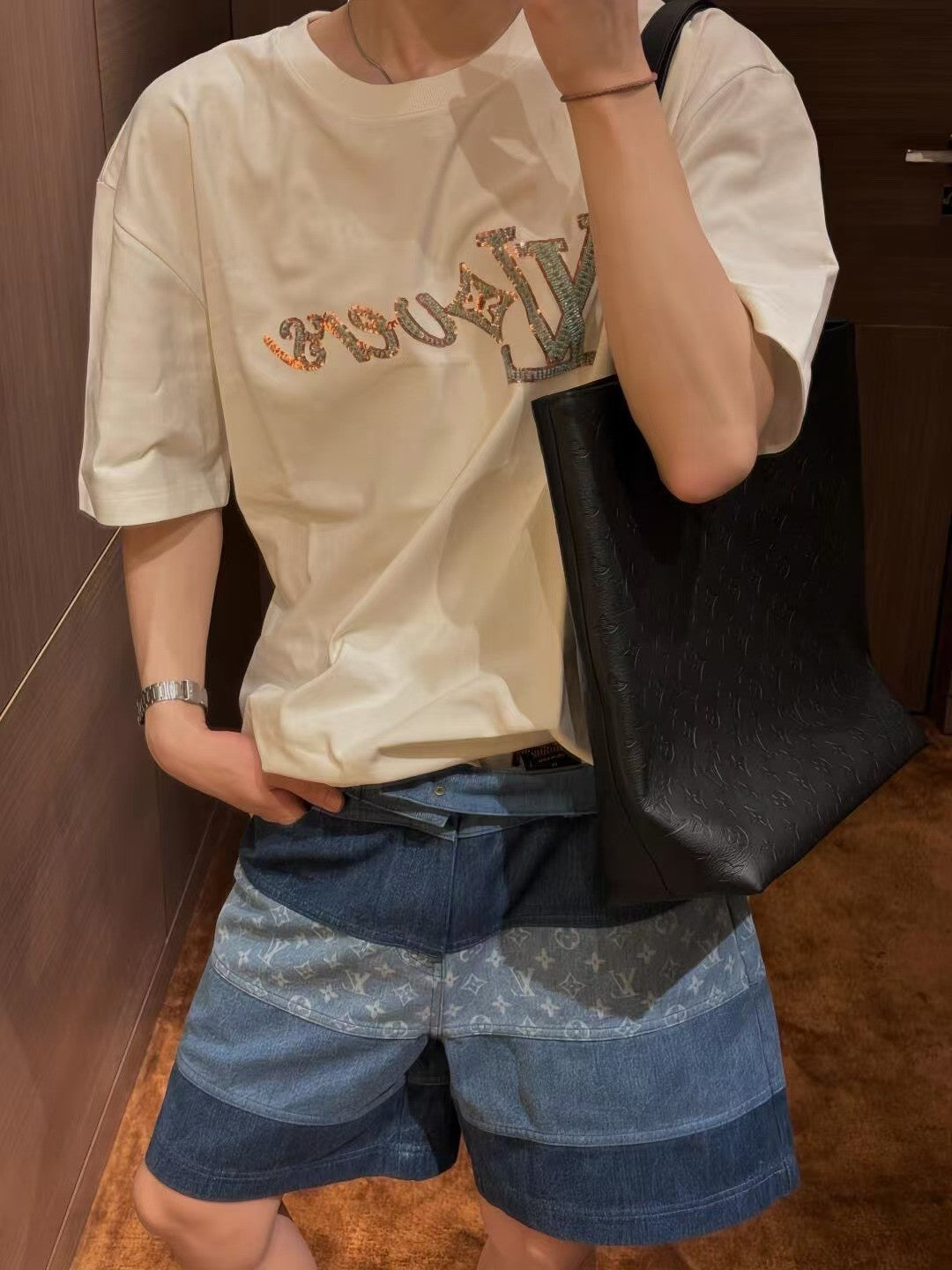 Men's Spring And Summer Fashion Retro Print Casual Pants Striped Stitching Denim Shorts #72324