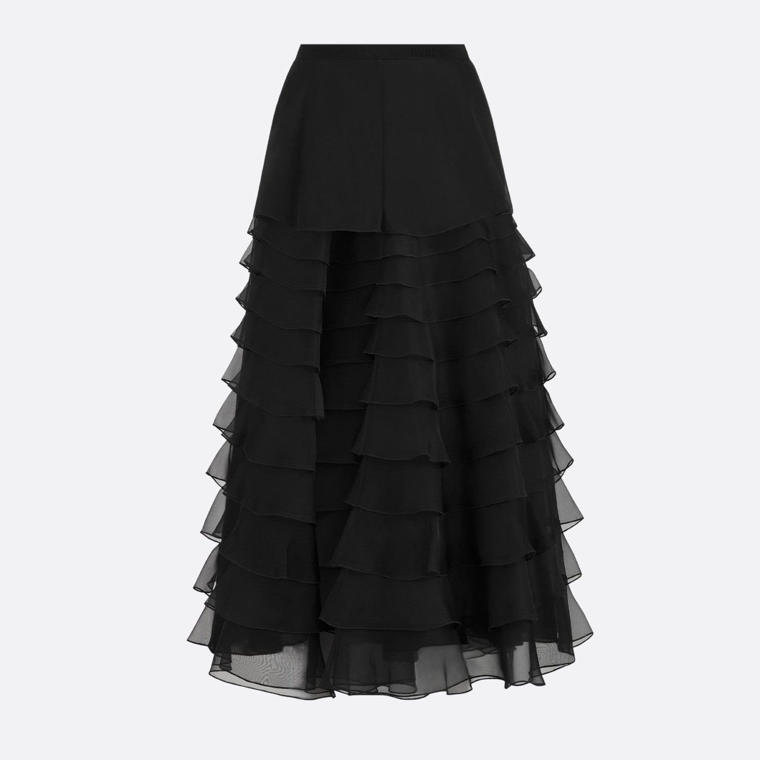 Women's Spring/summer Organza Ruffled Midi Skirt Black & White Solid Color Fashionable Elegant Delicate Skirt #82137A