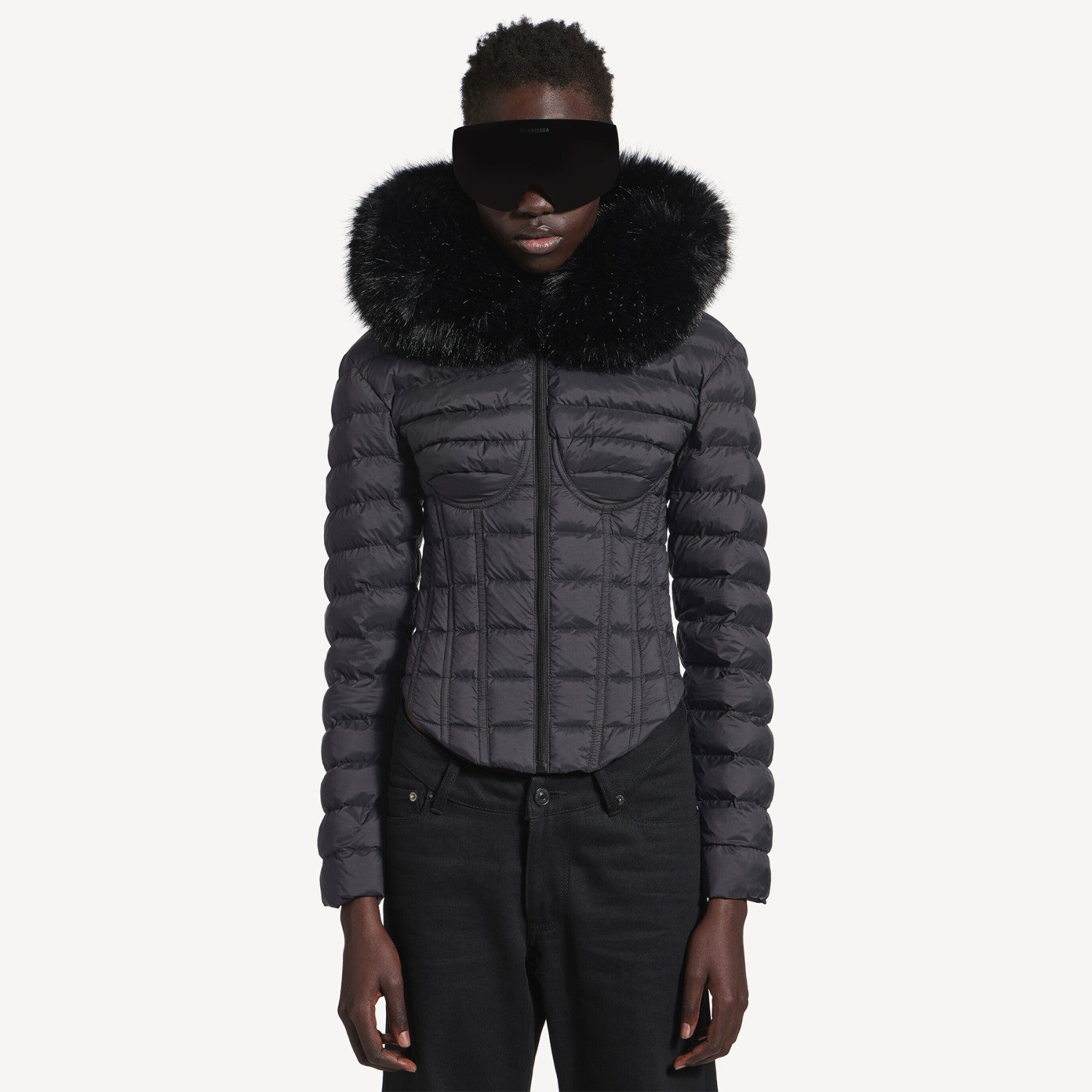 Women's Hooded Corseted Puffer in Black Large Fur Collar Quilted Jacket Fashionable Trendy Casual Jacket #194502