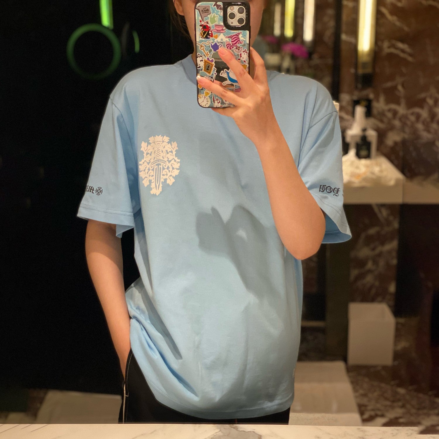 Men's and Women's Summer Blue Cotton Round Neck Loose Fit Short Sleeve T-shirt #98569