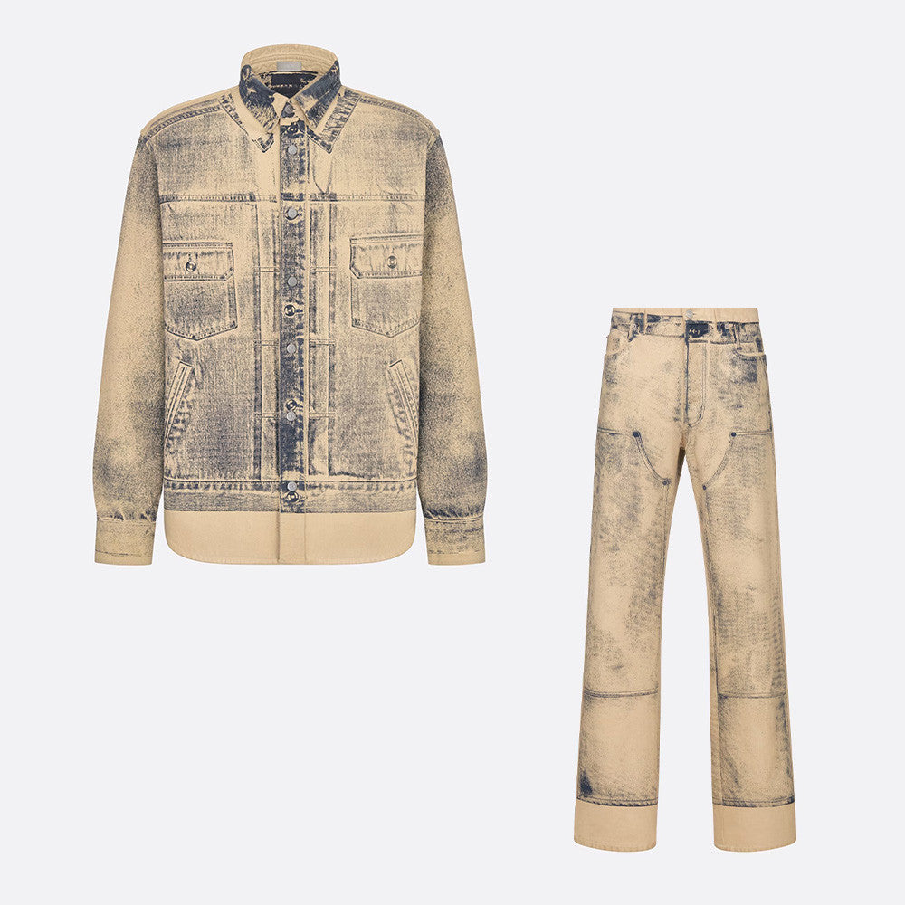 Men's Spring And Autumn Worn Lapel Button Cotton Long Sleeve Fit MKII-EFFECT Mkii-Effect Overshirt Printed Multi Pocket Pants Ngvp #7541